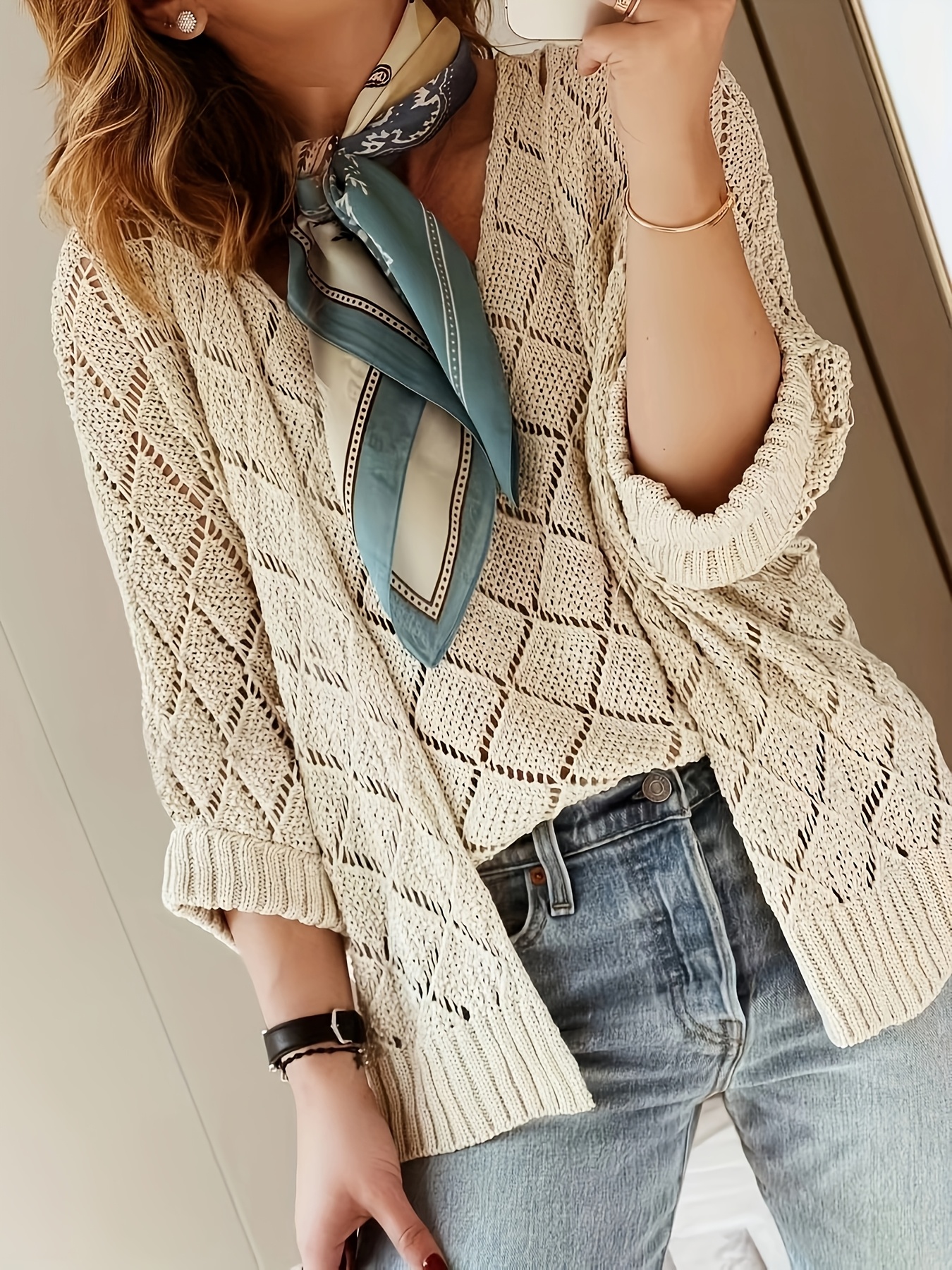 Plus Size Women'S Cardigan and Vest Set Stylish Open Front Sweater Jacket  with Matching Spaghetti Strap Top, Beige Cable Design Spring