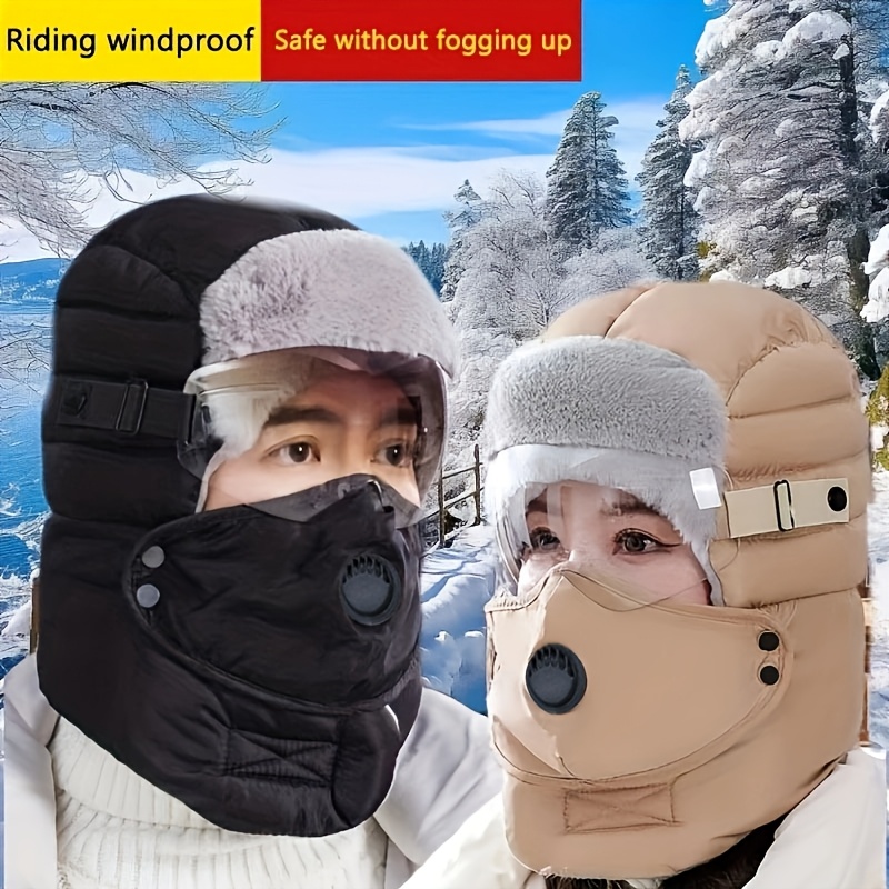 

Cagoule d'hiver en avec lunettes, masque facial épais coupe-vent, doublure en peluche chaude et chauffants, unisexe, lavable en machine pour l'équitation par temps froid et les activités de