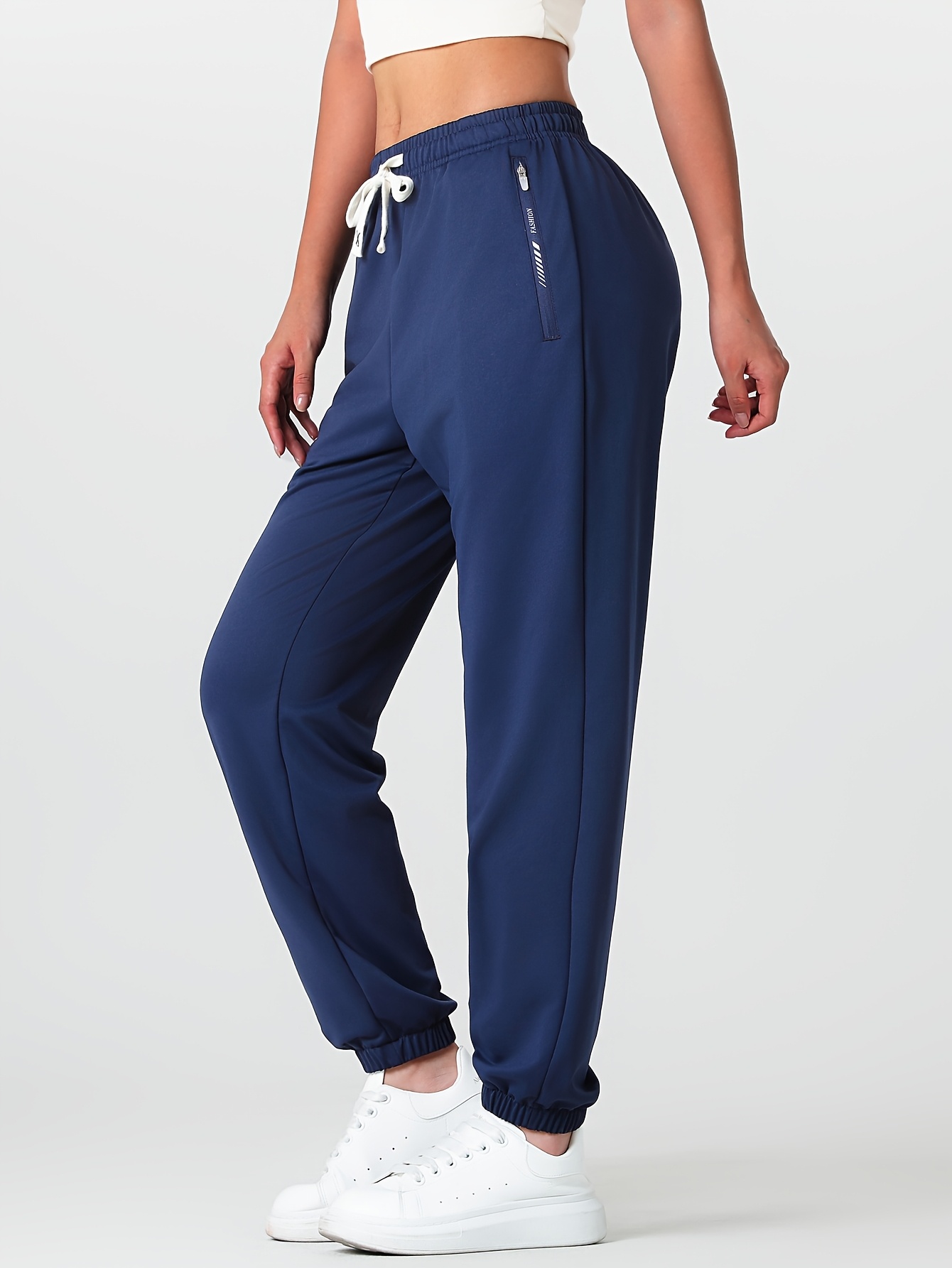womens black jogger pants with elastic waist drawstring side zipper pockets casual lounge pants for   daily wear attire  