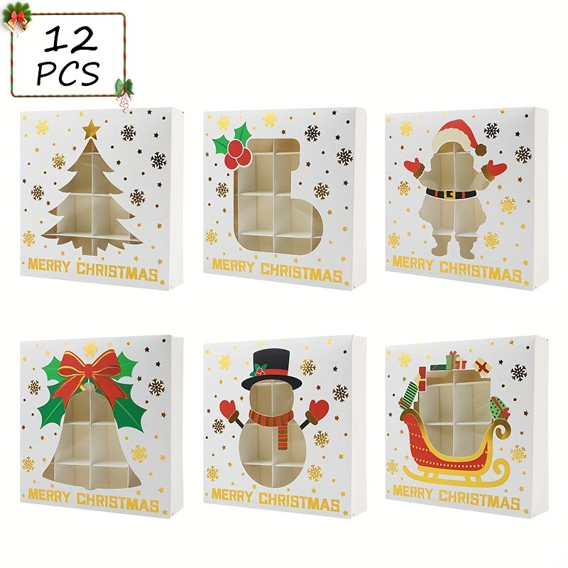 Image of Christmas Gift Boxes, 6/12 Pcs Xmas Decorative Paper Storage Boxes With Dividers, Santa Snowman Sleigh Design, Holiday Party Favor Packaging Boxes For Xmas Decor