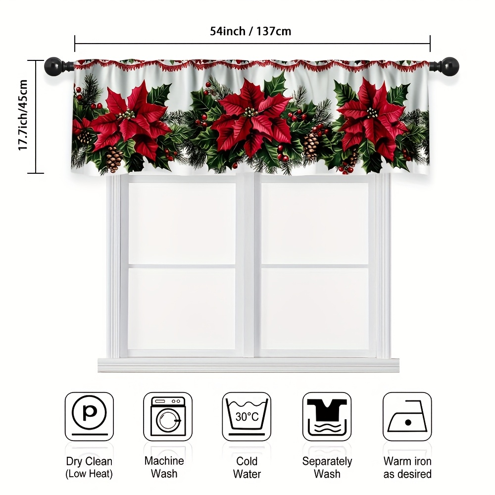 Image of 1pc Space-themed Christmas Red Floral Print Valance – Ideal For Privacy And Decoration , Bathroom, And Living Room. Features A Rod Pocket For Easy Hanging