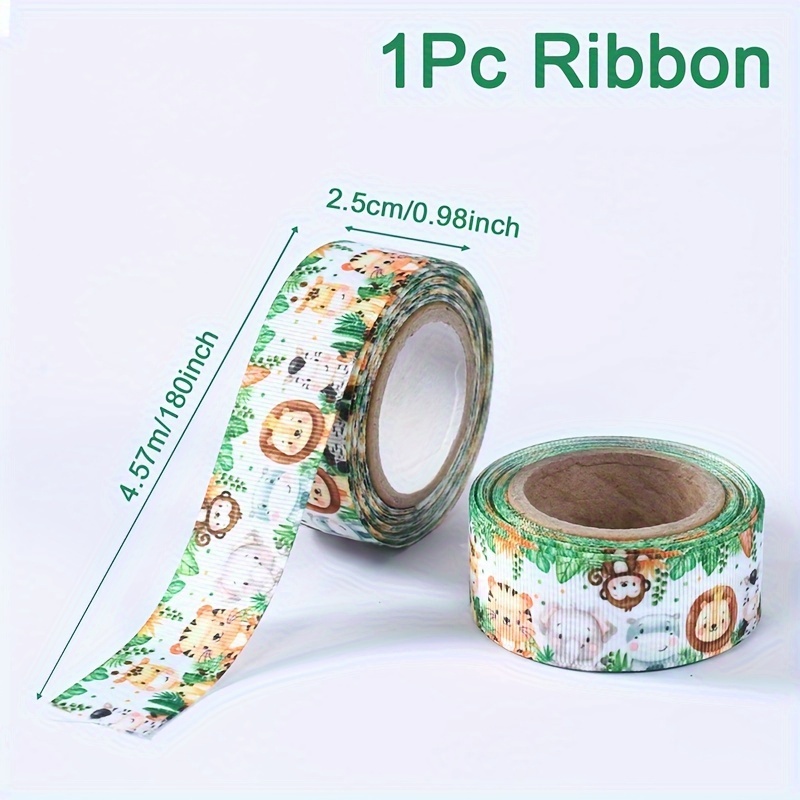 Image of 1pc Animal Print Silk Ribbon - Vibrant Woodland Creatures Design, Green Background, Birthday Party Decor, Gift Wrapping, And Diy Crafts, Accessorie