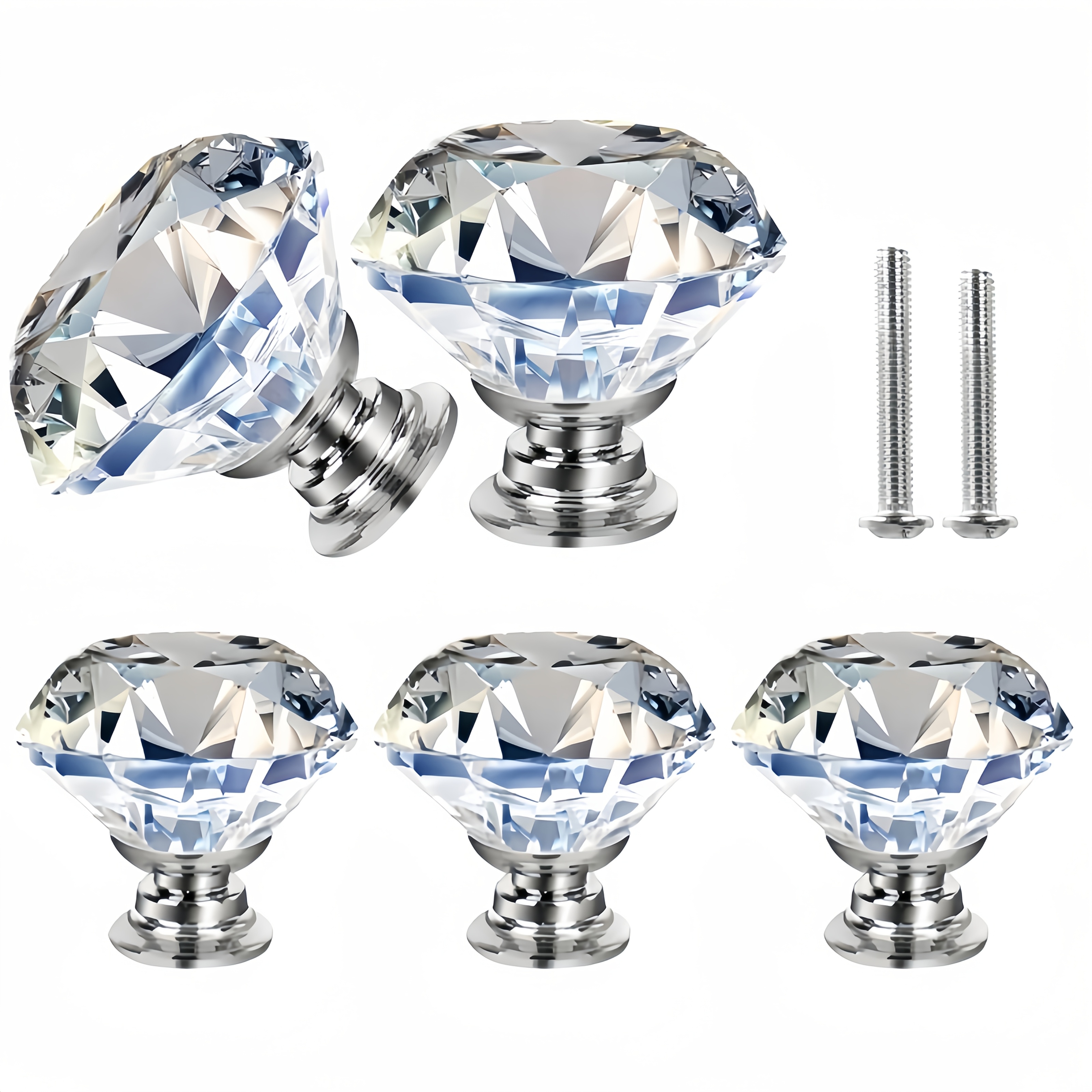 TEMU 5pcs Set Of Crystal Glass Cabinet Knobs, Suitable For Home Decoration, Dressing Table Drawers, Desks, Wardrobe Doors, Standard Screws For , Used