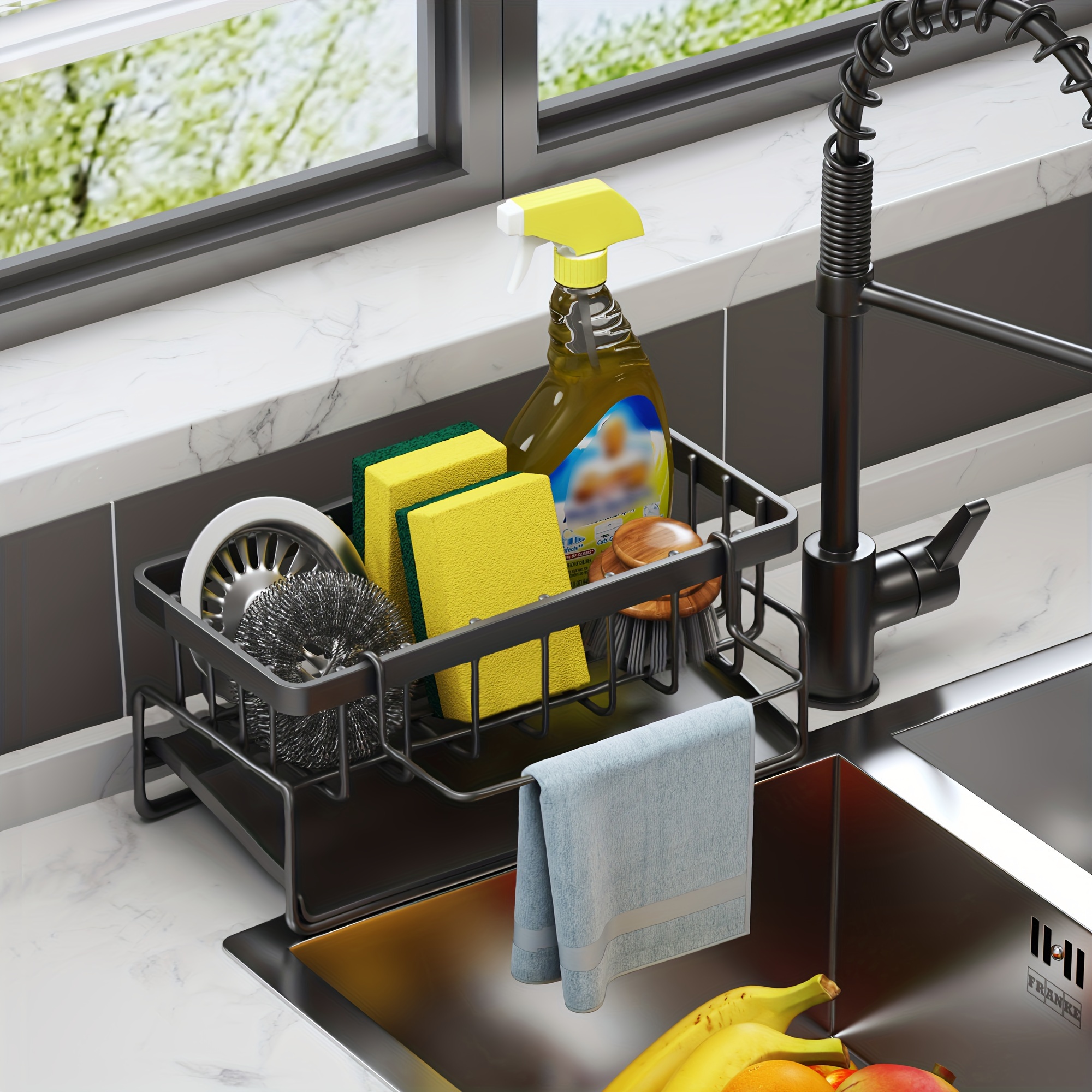 

1pc Premium Kitchen Sink Caddy - Integrated Sponge Holder - Multipurpose Kitchen Countertop Organizer For Dishcloth, Dish Soap, Brushes - Space-saving Kitchen Organizer Rack, Kitchen Accessories