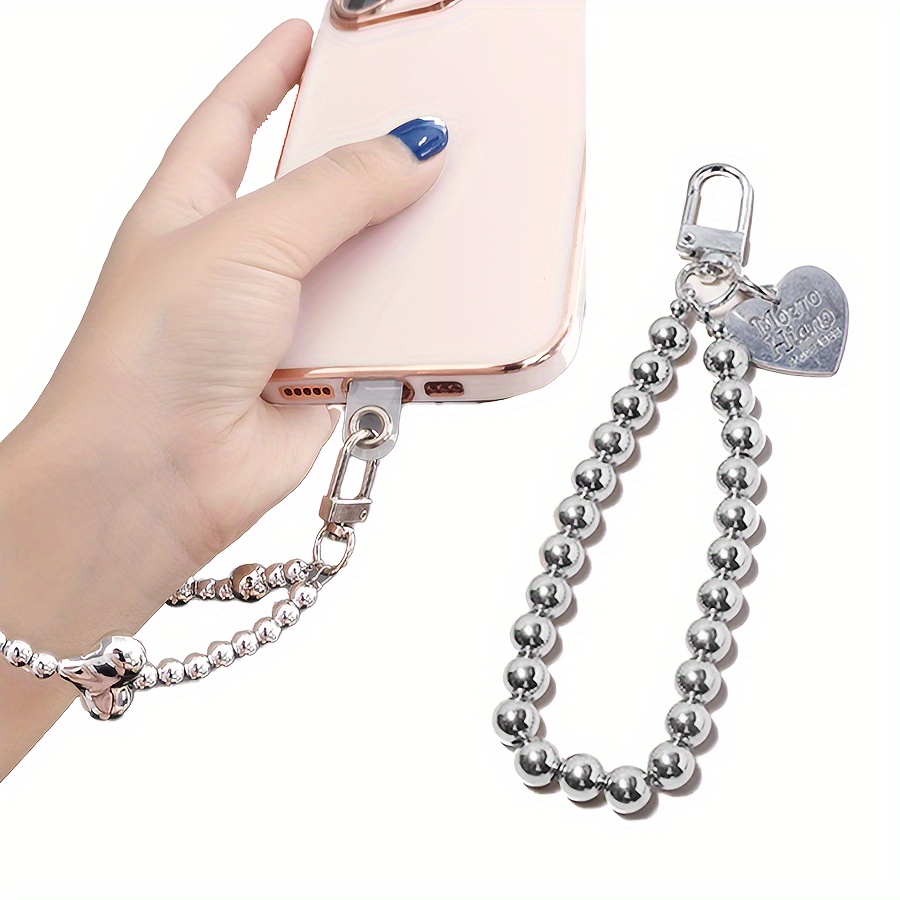 

1pc Heart Shape Beaded Wristband Keychain, Lanyard Cell Phone Strap Convenient Keychain, Heart Shape Silver Plated Keychain Wallet Bag Charm And Earbud Case Accessories, Great Gift