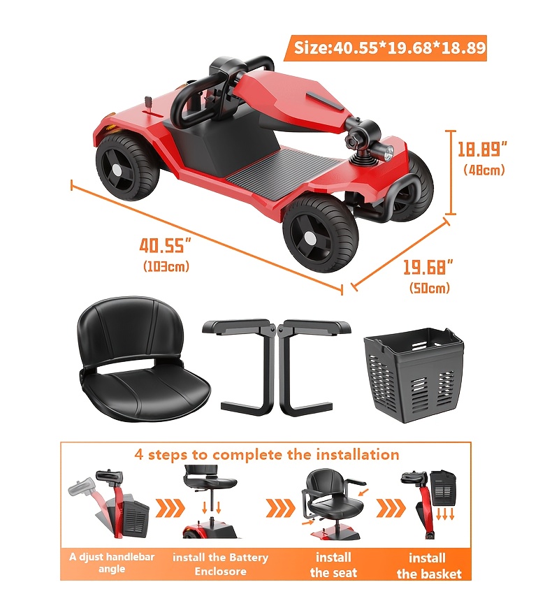 the four wheel electric scooter is foldable with a 250w motor 24v 12ah battery 15 5 mile range 8 inch solid tires 300 lb load capacity removable basket front headlight rear anti tilt wheels and easy     Product details 3
