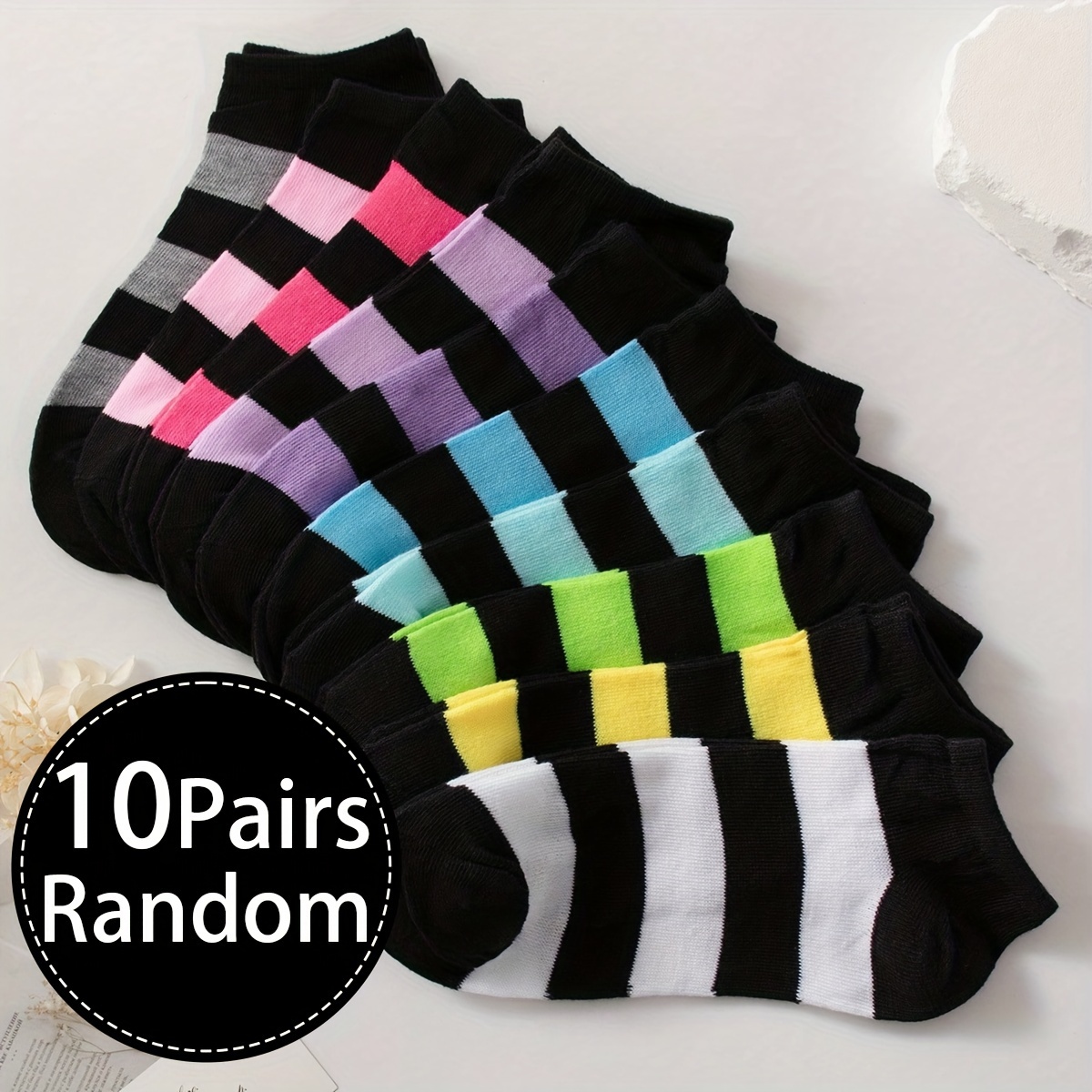 

10 Pairs Fashion Casual Striped Pattern Ankle Socks, Comfy & Breathable Short Socks, Women's Stockings & Hosiery