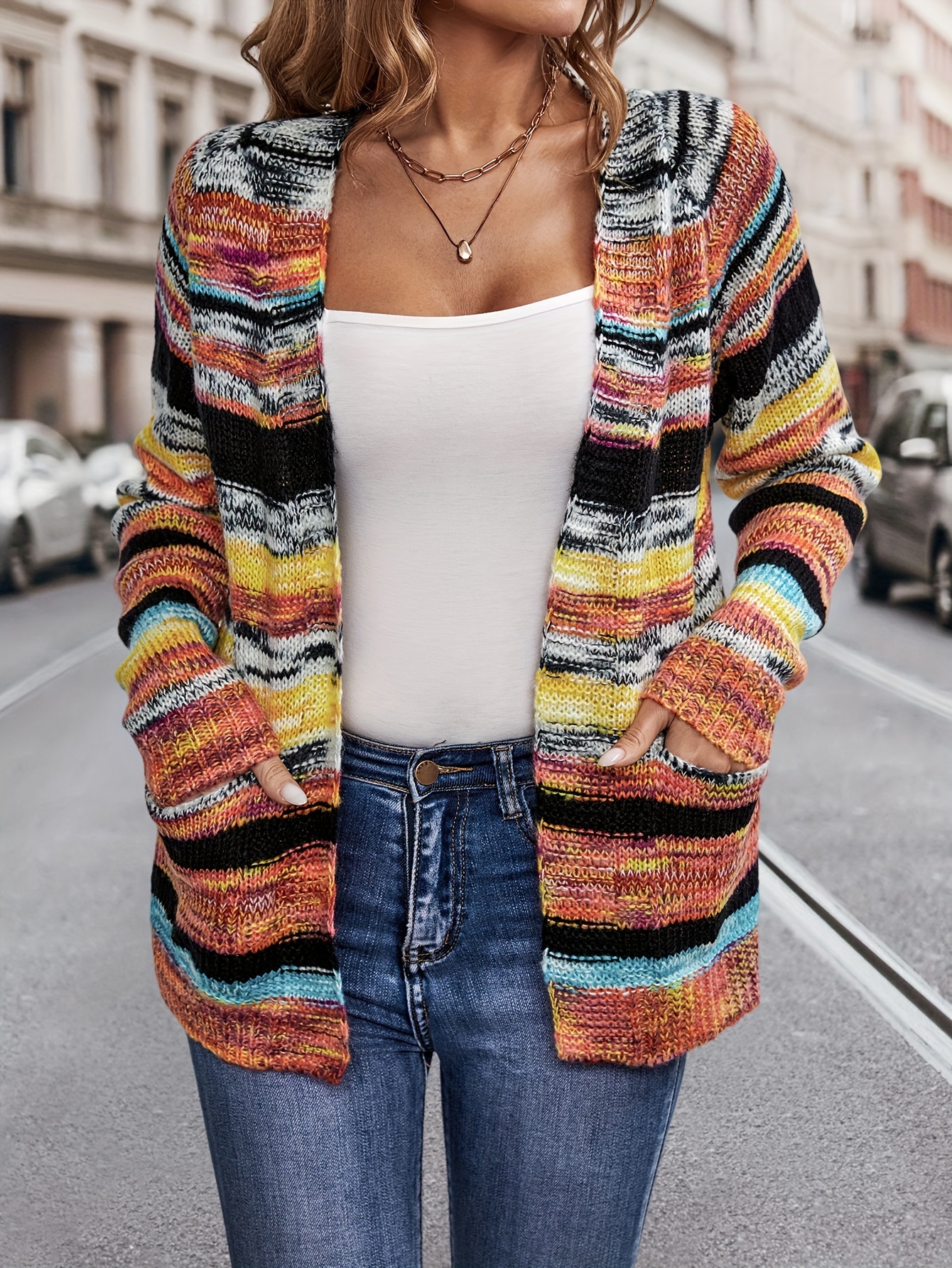 Rainbow Striped Open Front Cardigan Casual Long Sleeve - Temu