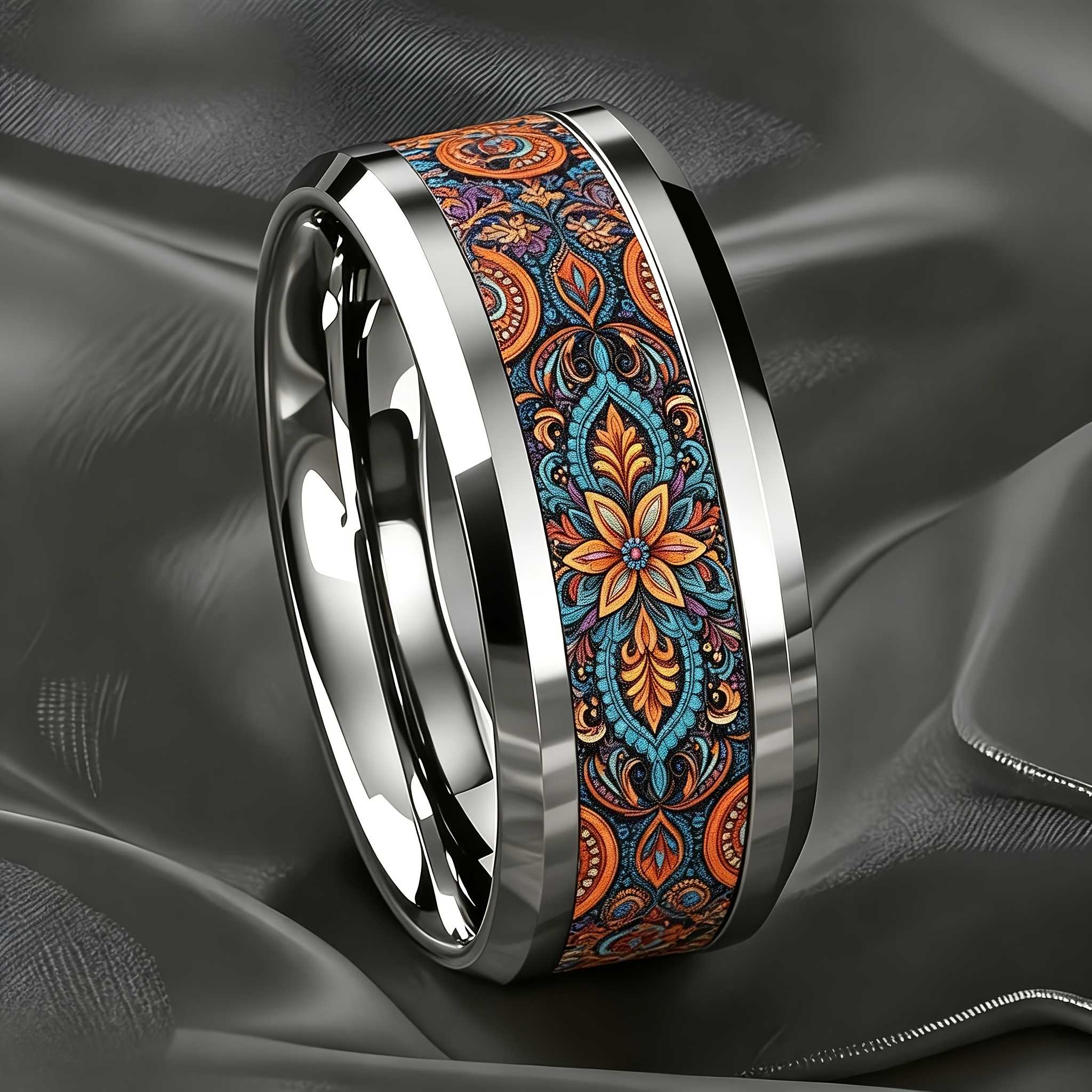 Bohemian Mandala Paisley Floral Pattern Stainless Steel Ring