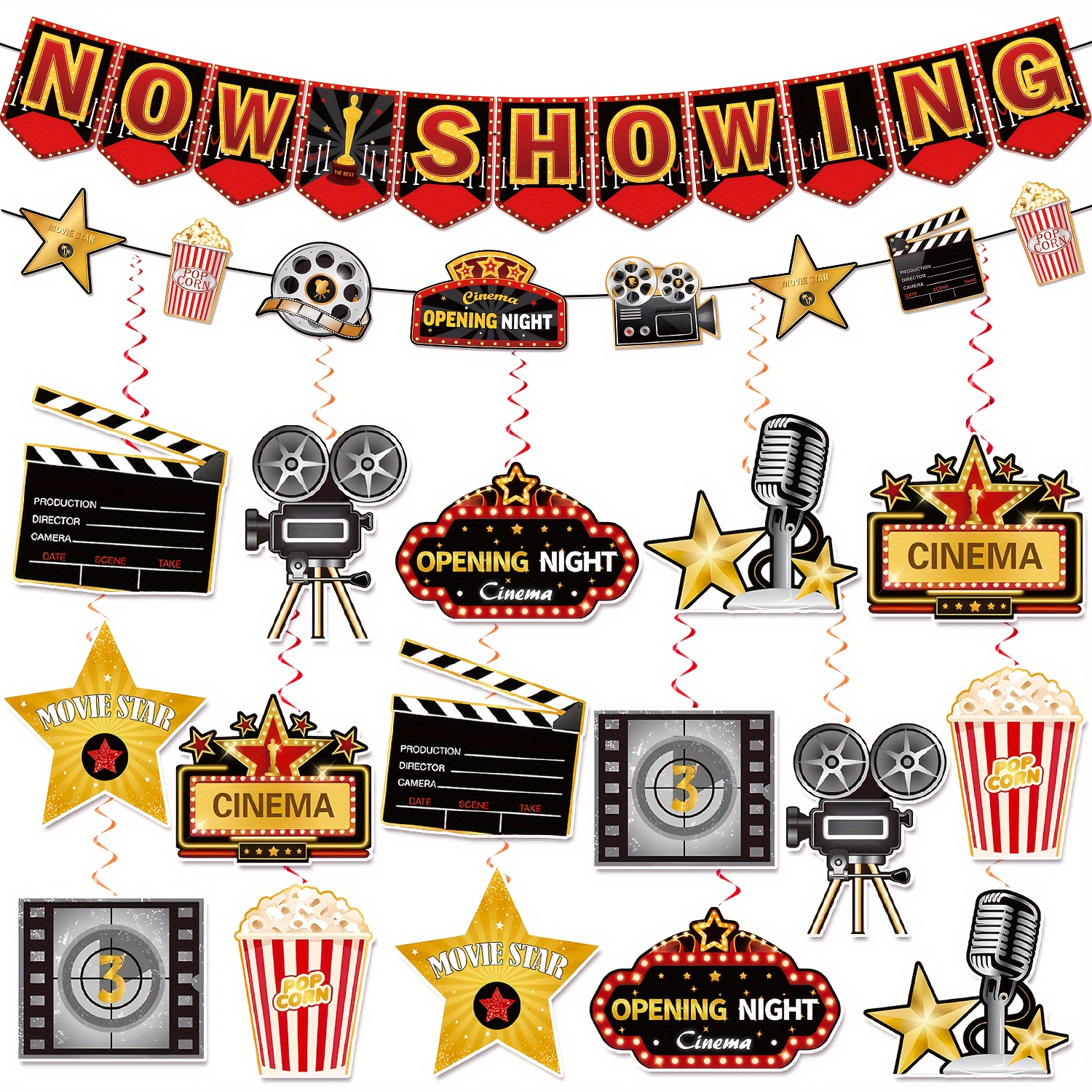 

51 Pcs Movie Night Themed Swirls - Now Showing Banner, Clapperboard, , Popcorn, And More For Wedding, Birthday, Or Any Party Decorations