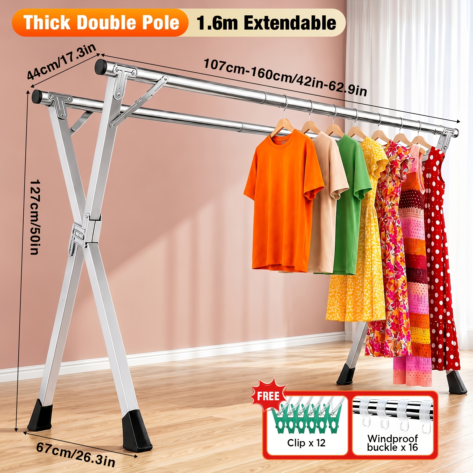 item picture extra large ssize 63 inches x shaped foldable metal clothes hanger with adjustable double rods and 16 windproof hooks suitable for indoor and outdoor use space saving storage solution for clothing quilts and bedding drying racks