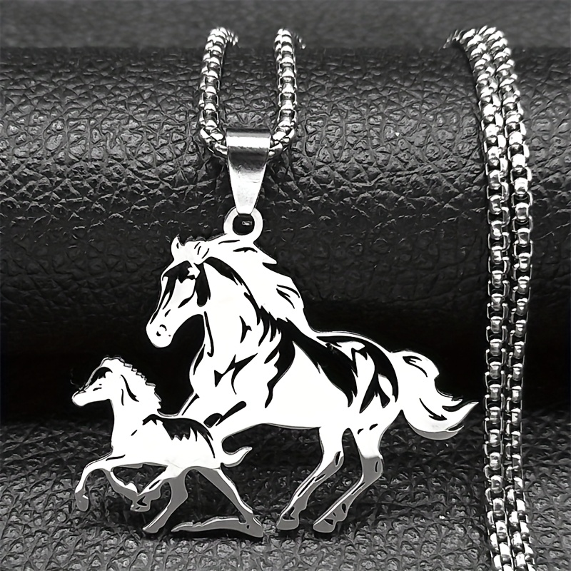 

1pc Fashion Black Stainless Steel And Pony Pendant Necklace, Hollow Animal Jewelry, Christmas Gift For Women And Men