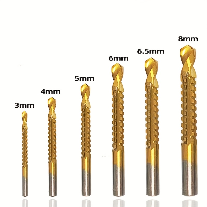 TEMU Set Of 6 Titanium Spiral Drill Bits, Steel Pull Carpenter Wood Golden Metal Plastic Cutting Tooth Spiral Drill Bit Groove Drill Tool