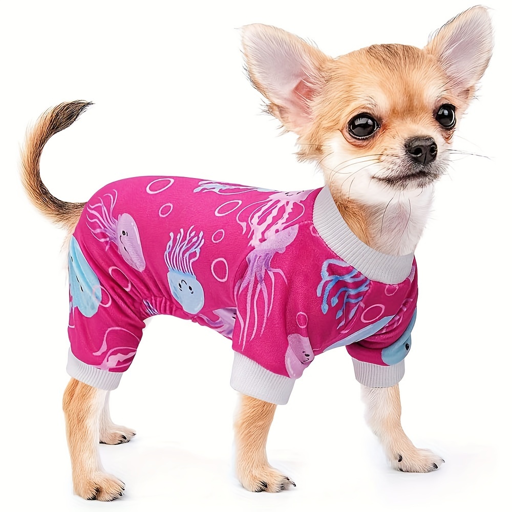 TEMU Adorable Cartoon Dog Pajamas For Small Breeds - Soft Stretchable Pet Onesies For Chihuahuas, & Teacups - Yellow Trim, With & Star Patterns - Cozy Doggy Jumpsuit, Dog Clothes