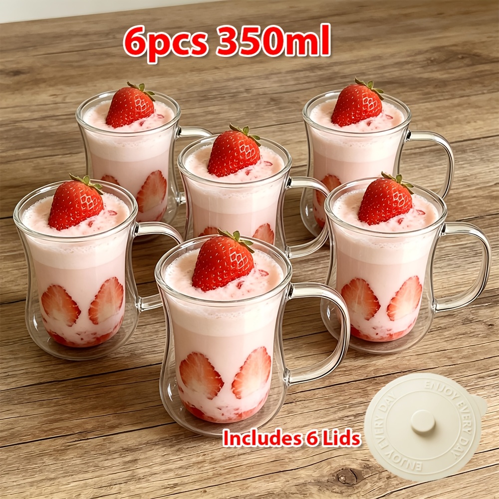 Image of 6pcs Double Wall Glass Coffee Mugs With 6 Lids, Borosilicate Glass Cups With Handle, Insulated Latte Cappuccino Tea Cups, Clear Heat-resistant Glassware For Drinks.