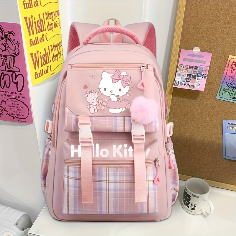 TEMU 1pc Hello Kitty Backpack, Cute Pink Check School Bag, Large Capacity Cute Daily Backpack With Padded Shoulder Strap And Side Pocket For Outdoor