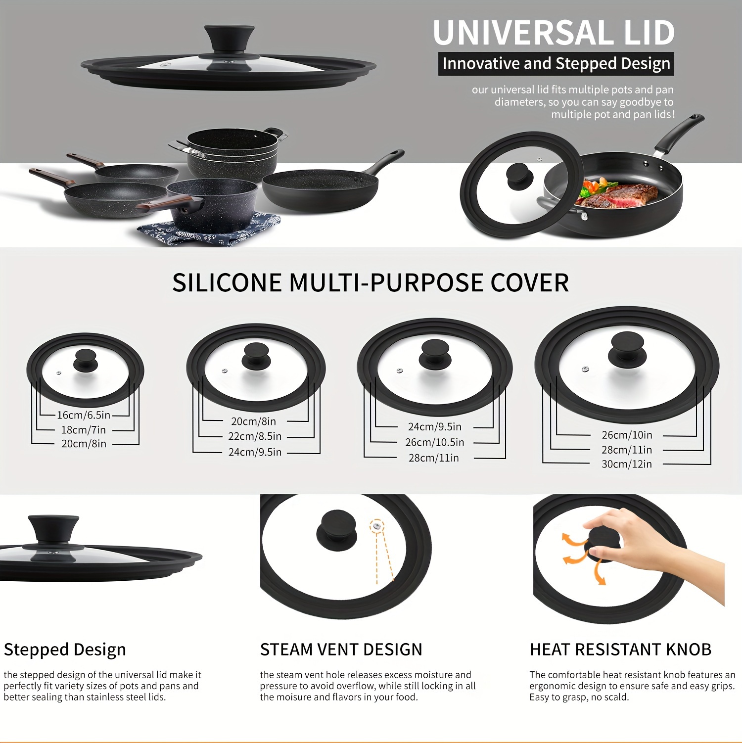 universal silicone lids fits cookware glass top covers for skillets pots frying pans cast iron   black details 0