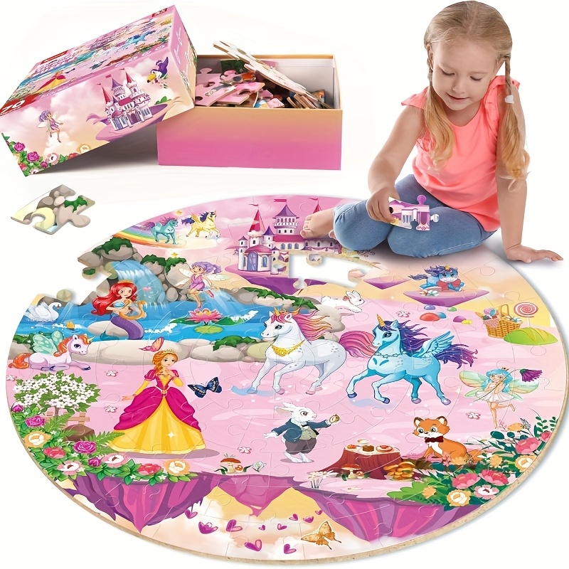TEMU Unicorn Princess Mermaid Fairy Floor Puzzle For Kids Ages 3+, Large 70pcs Wooden Puzzle For Kids Ages 3+, Gifts For 3+ Years Old Boys Girls