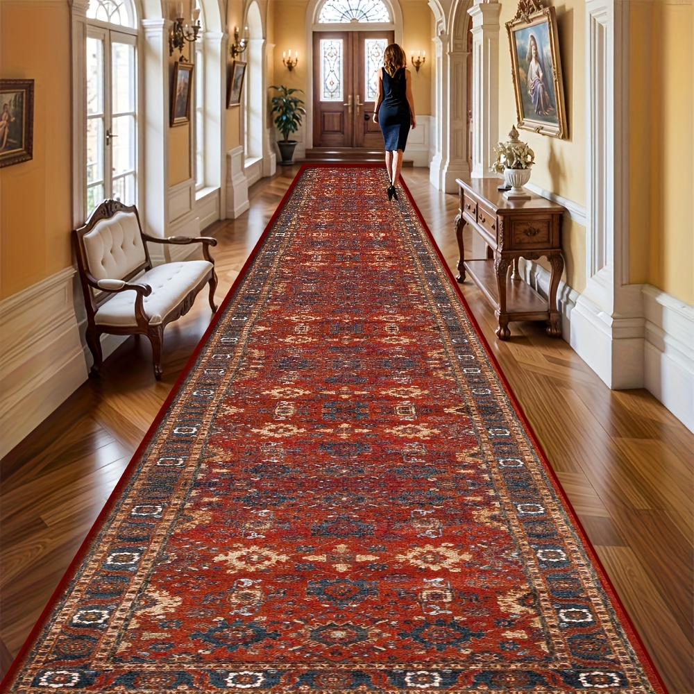 TEMU 1pc Red Bohemian Persian-style Machine-washable Large Area Mat - 100% Polyester Indoor/outdoor Mat For Living Room, Hallway, Patio, Camping &