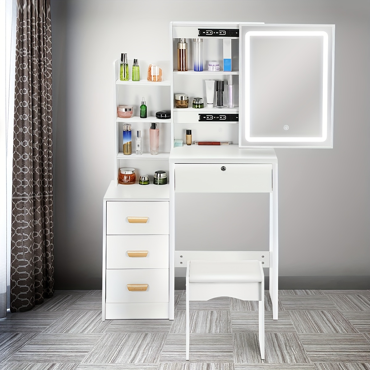 TEMU Modern Vanity Table With Led Mirror, 4 Drawers & Cushioned Stool White Makeup Desk For Bedroom
