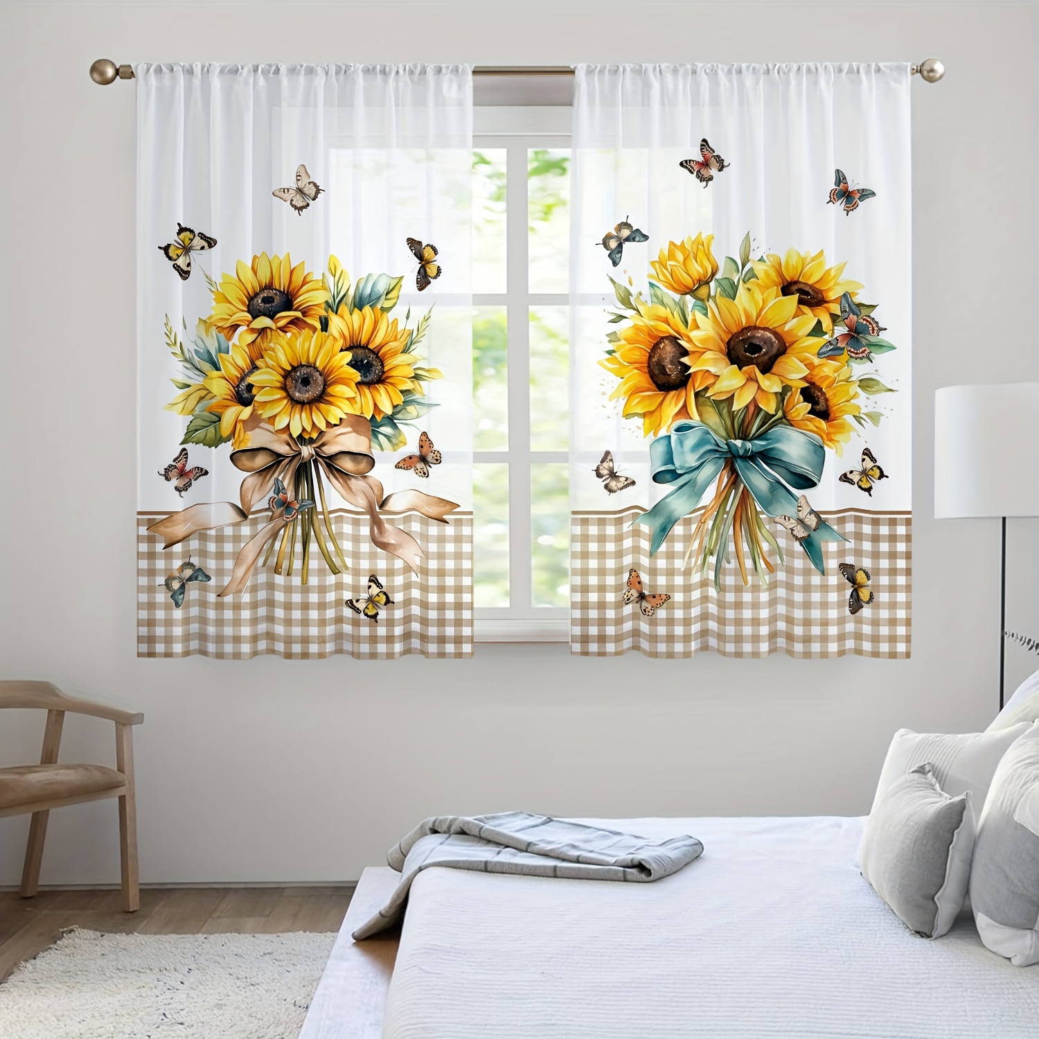 

2pcs Rustic Sunflower & Sheer Curtains - Country -filtering Rod Pocket Tiers, Semi-transparent Polyester For Kitchen & Bathroom Windows, Kitchen Curtains For Windows