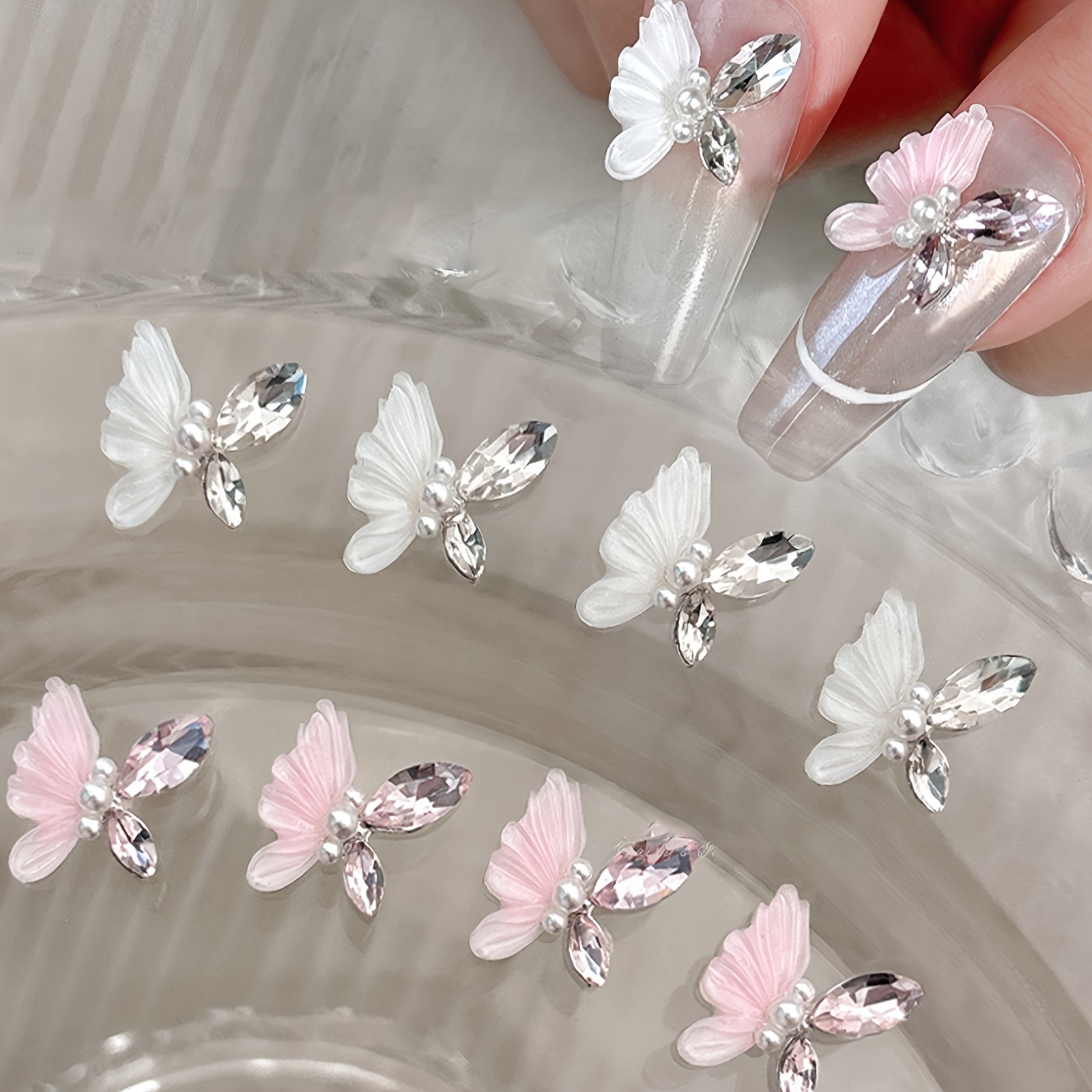 

20pcs Luxury 3d Butterfly Nail Charms With Pearls & Rhinestones - Pink & White Fairy Butterflies For Elegant Nail Art, Perfect For Summer Vacations Nail Charms Butterfly Butterfly Charms For Nails