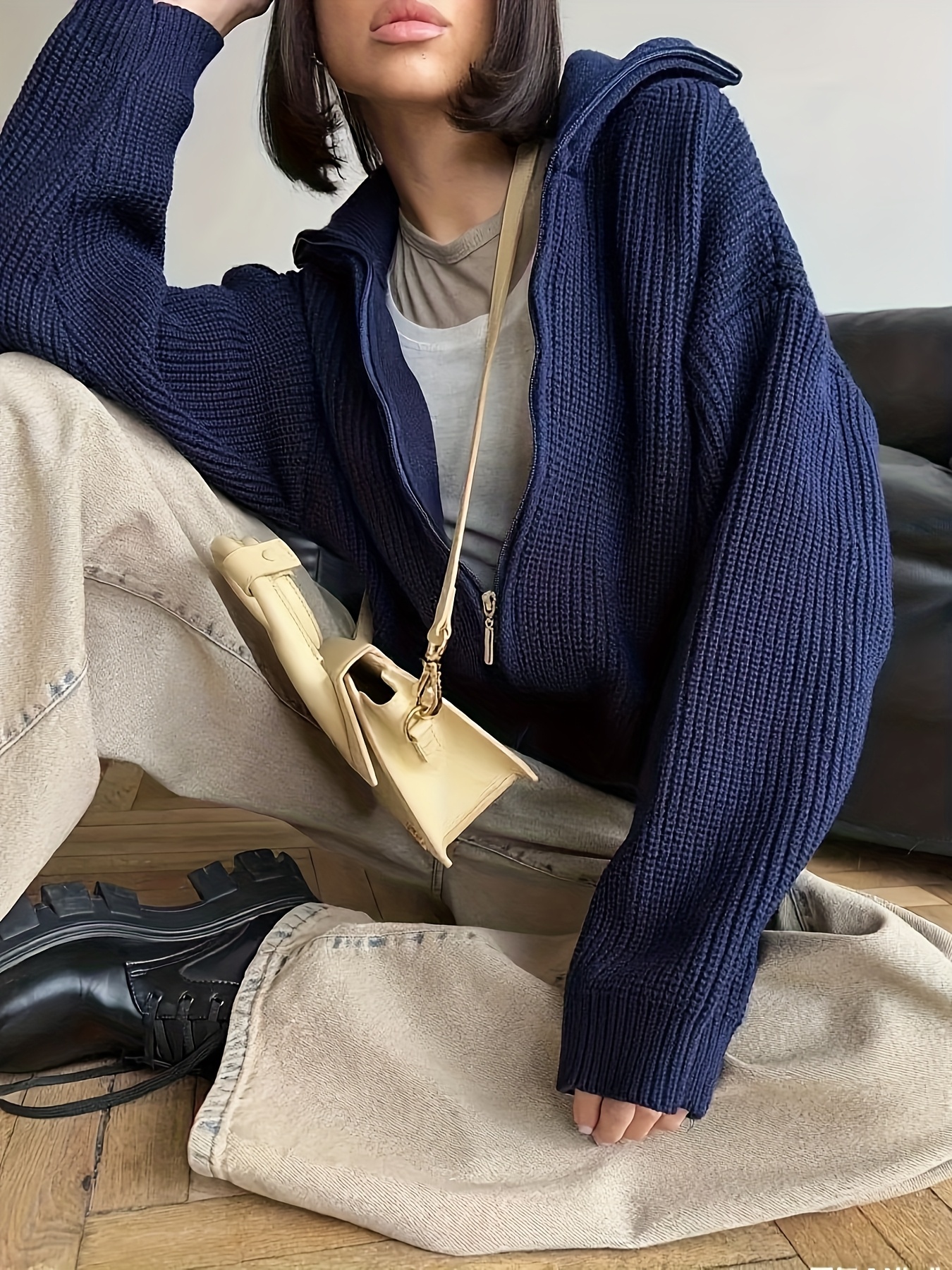 cardigan femme oversize bleu marine à câbles fermeture Temu