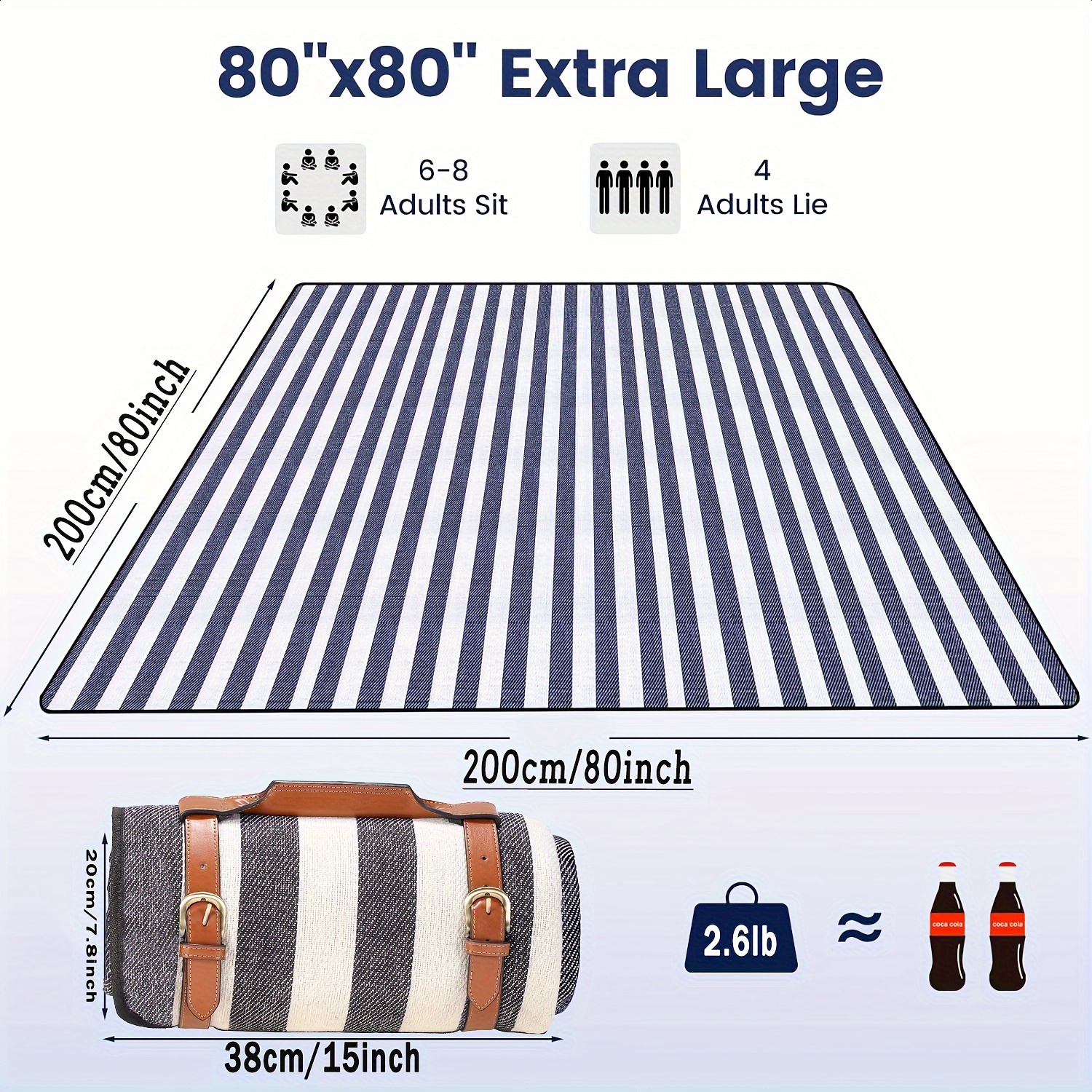 Manta de picnic de 80 x 80 pulgadas, extra grande, impermeable y plegable,  manta de playa de 3 capas para 6 a 8 adultos, para campamento, parque