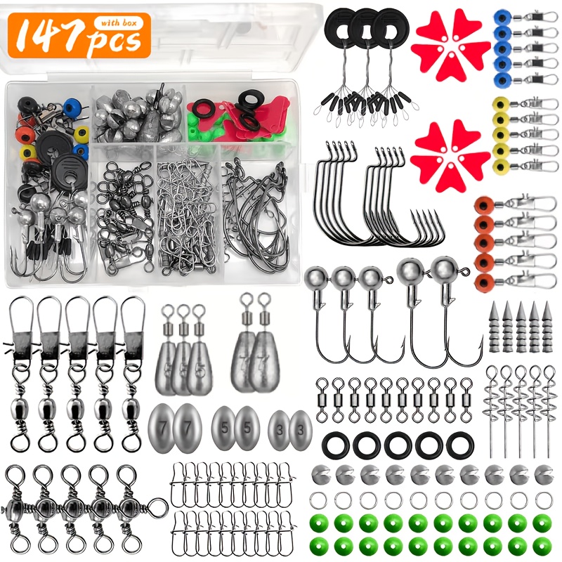 TEMU TAKAMI | Juego de accesorios de pesca de 147/208/325/415 piezas con de almacenamiento, anzuelos, mosquetones, conectores, plomadas, eslabones