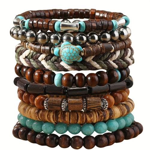 10pcs set bohemian style fashion small turtle wood turquoise wood bead hand woven bangle bangle bracelet christmas gift halloween gift new year gift