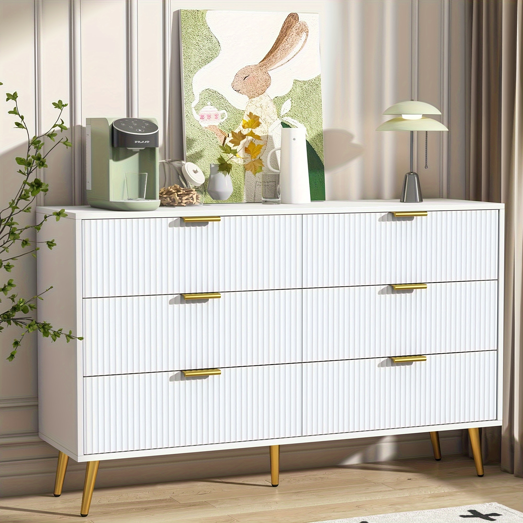 

6 Drawer Double Dresser, Modern Dressers Chest Of Drawers With Fluted Panel, Wide Wood Storage Dresser Organizer, Dresser Cabinet For Bedroom, Living Room