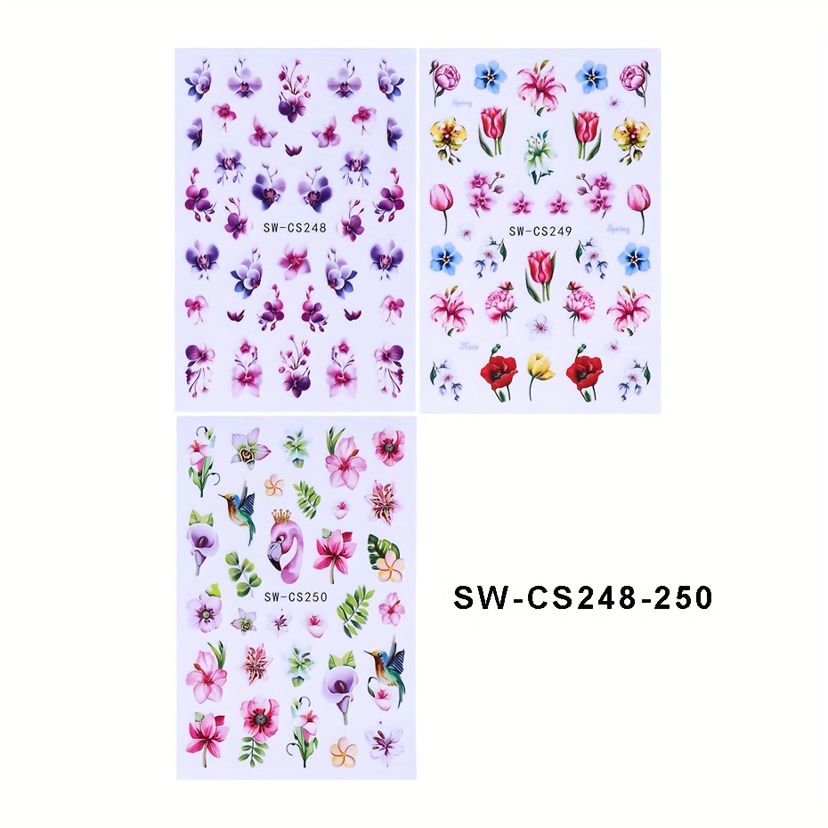 3pcs 3d Flower Nail Art Stickers Spring Summer Flamingo Flowers Leaves Self-adhesive Decals For Decoration Manicure