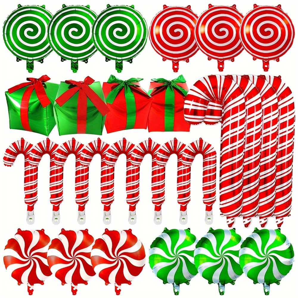 

32 Pack Christmas Inflatable Decoration Set - Mixed Color Aluminum Film Balloons, Candy Cane & Lollipop Shapes For Holiday Decor, Suitable For 14+