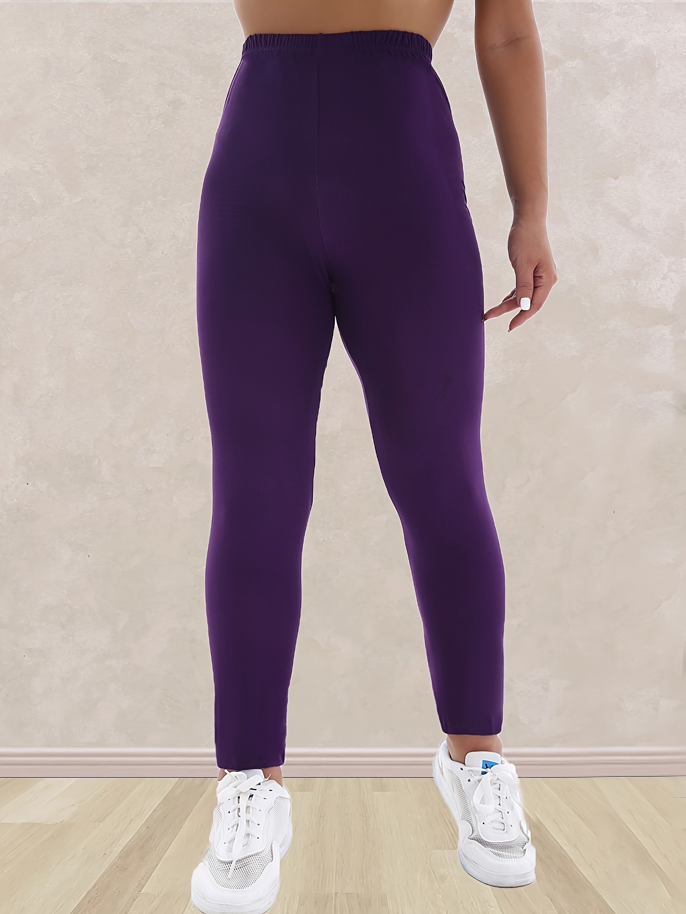 Plus Size, Plus Size Women's High-Waisted Leggings - 4-Way Stretch Elastic Waistband, Solid Black 7/8 Length Pants for, Casual & All-Season Wear - Machine Washable Apparel, Leggings, Versatile Clothing, Highelastic Waistband