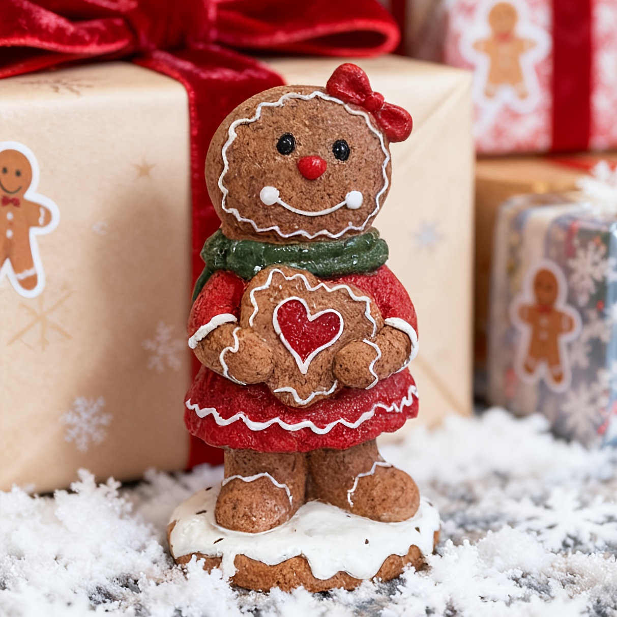 Image of 1pc Gingerbread Man Statue - Resin Collectible Christmas Decor, With And Frosting Details, Holding Heart-shaped Cookie - Indoor/outdoor Holiday Display, No Electricity Needed
