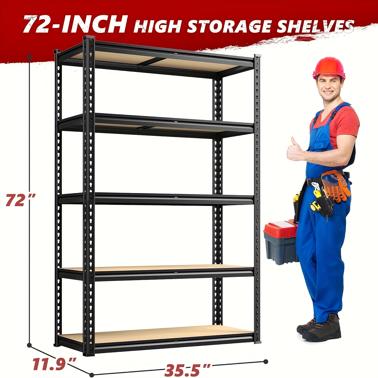 TEMU Reibii 48.2"w Garage Shelving, 3000lbs Storage Shelves Heavy Duty Shelving, 72"h Adjustable Metal Shelves For 5 Tier Garage Shelves Storage Rack