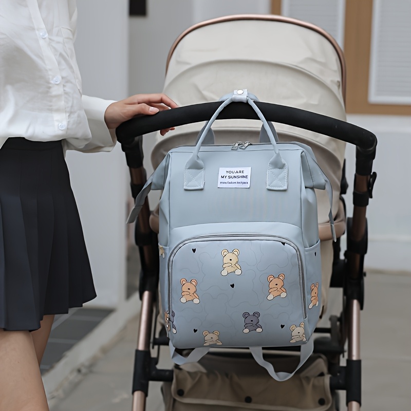 Mochila para Pañales de Mamá con Estampado de Oso, Bolsillo Aislante y Correas para Cochecito, Ideal para Trabajo, Viajes y Vacaciones