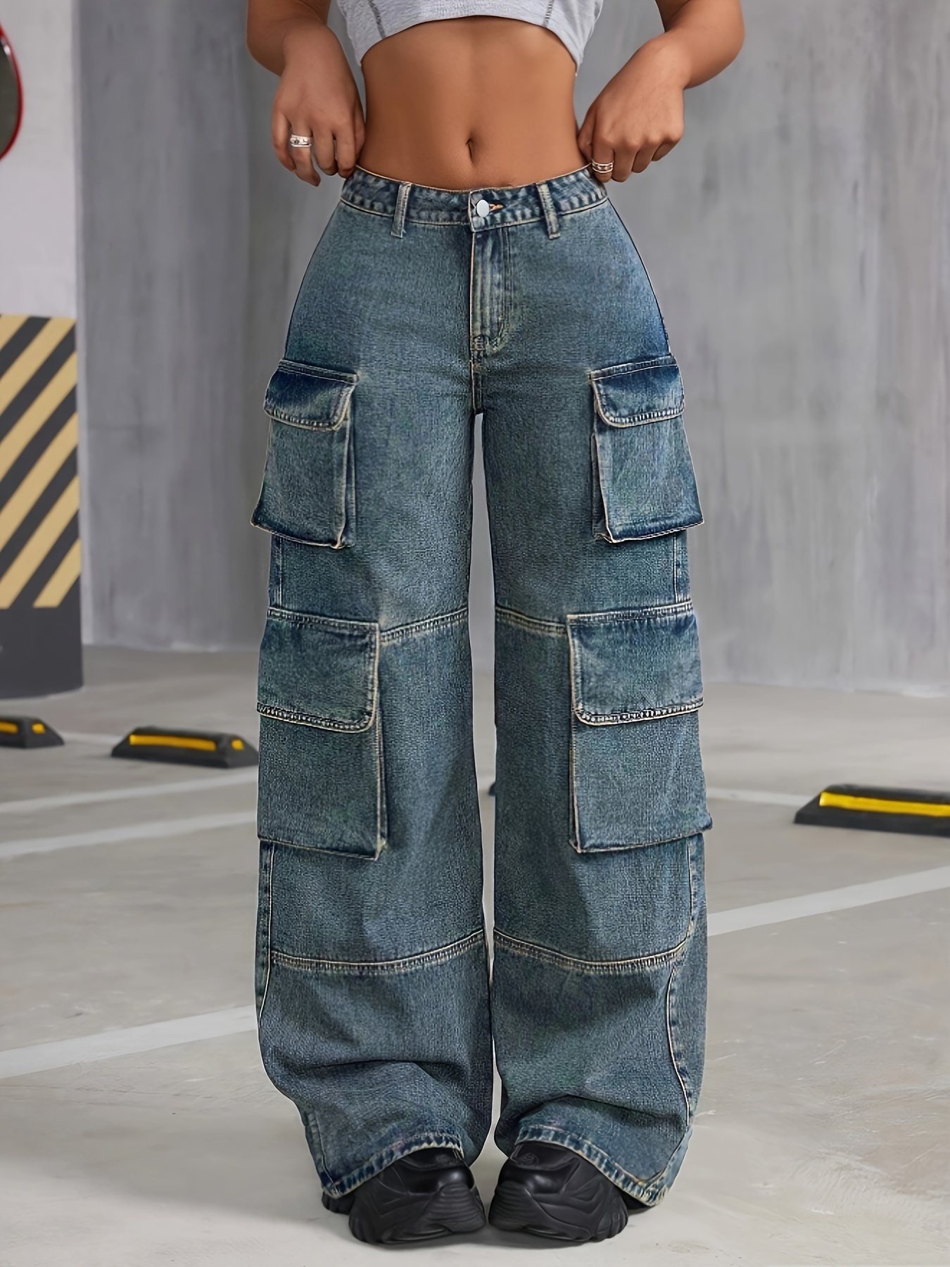 1pc Y2K Inspired Women'S Casual Denim Cargo Pants with Multiple Flap Pockets, Vintage Wash, Non-Stretch Fabric, Solid Pattern, Suitable for All Seasons