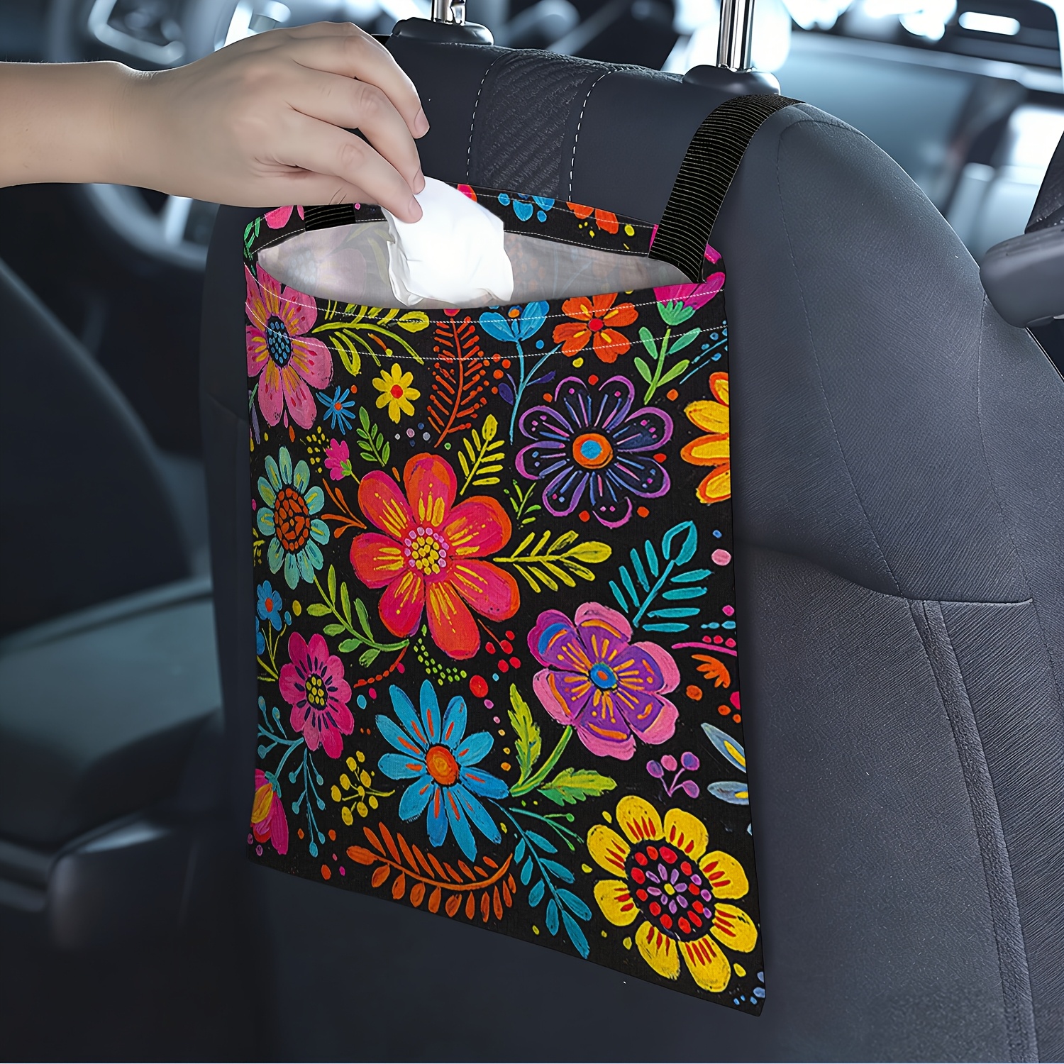 1pc Colorful Hand-painted Floral 2d Printed Car Trash Bag - Stylish Storage, Your Car Clean, Universal Hanging, Durable And Portable, Rear Seat Car Trash Bag, For Car Enthusiasts