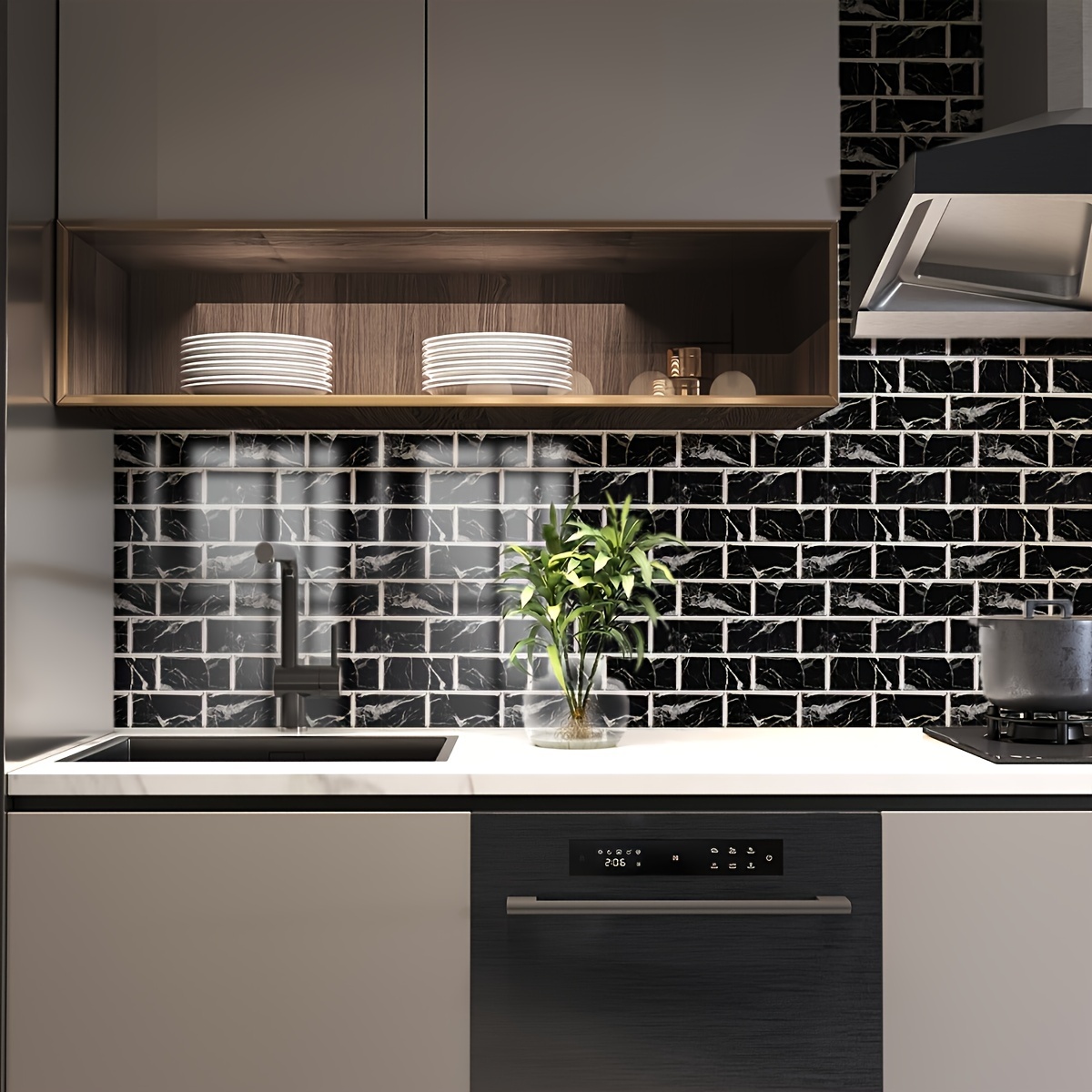 16pcs Of Black And White Checkered Marble Tile Pattern Stickers For Kitchen Decoration, Featuring A 2d Effect And Self-adhesive Design, In Colors And Styles, Suitable Smooth Ceramic Tile Surfaces