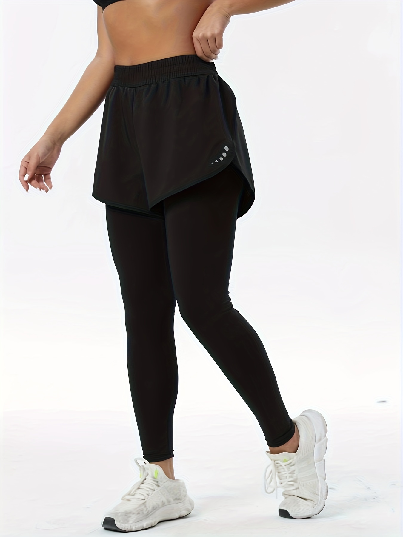 Women's High-Waisted 2-in-1 Sports Leggings, Long Length, Knit Fabric, Mid-Stretch, Print Pattern, Pocket Detail, All-Season, Non-Waterproof, Polyester Blend