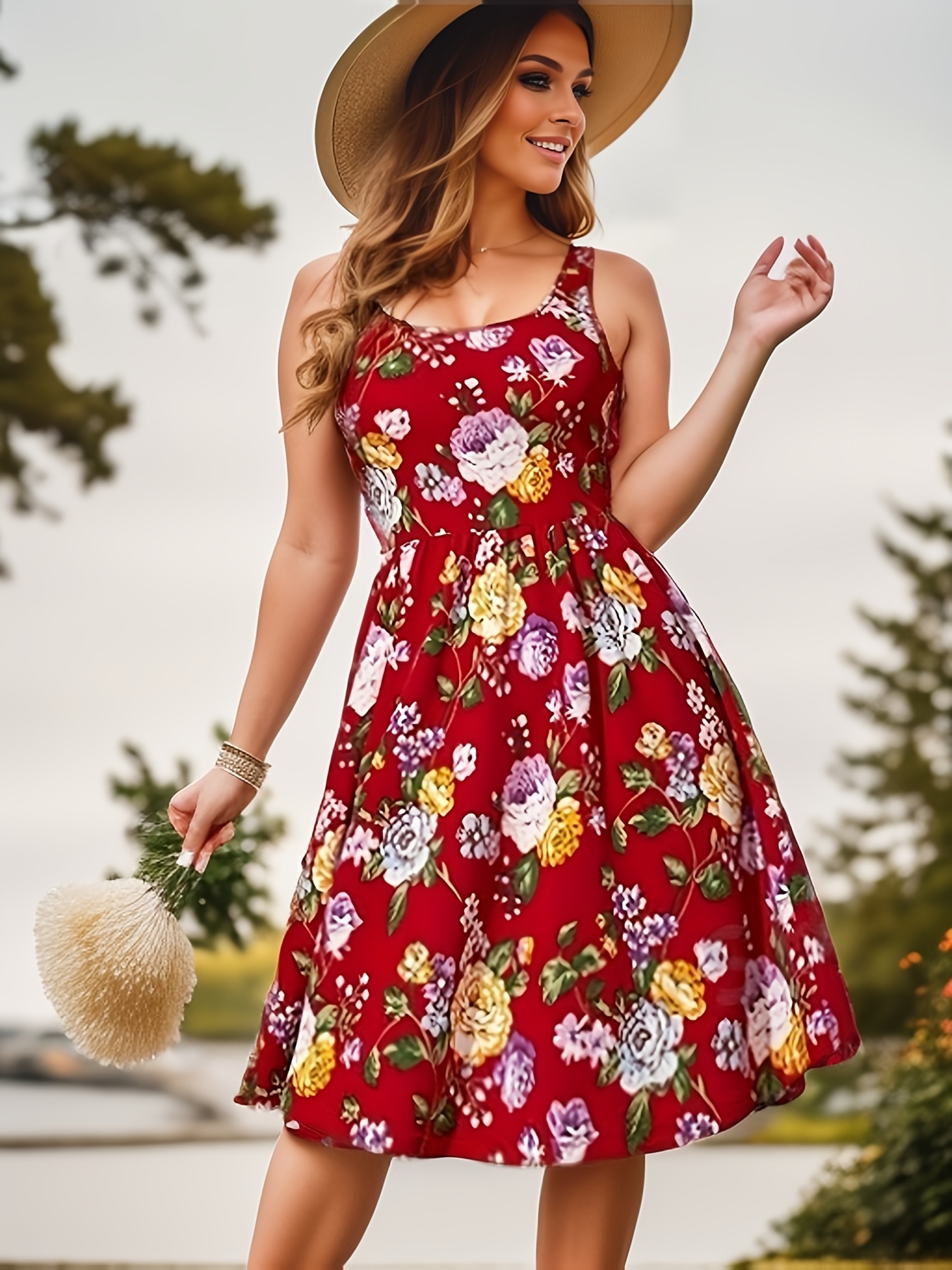 womens floral print midi dress polyester 100 sleeveless - Temu