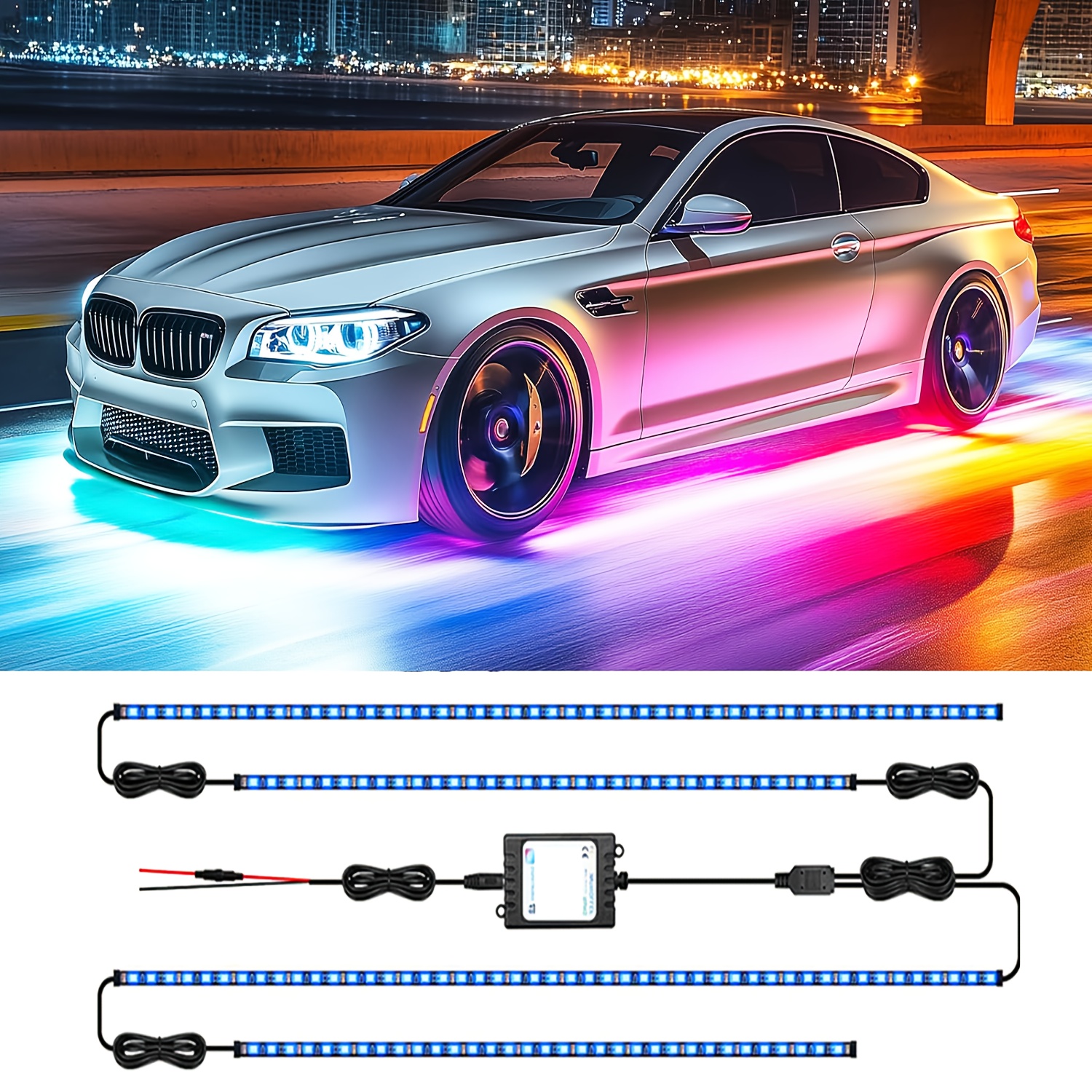 TEMU Ensemble de 4 bandes lumineuses sous-voiture avec 252 LED en 8 couleurs, accessoires amusants pour véhicules, y voitures, camions utilitaires,