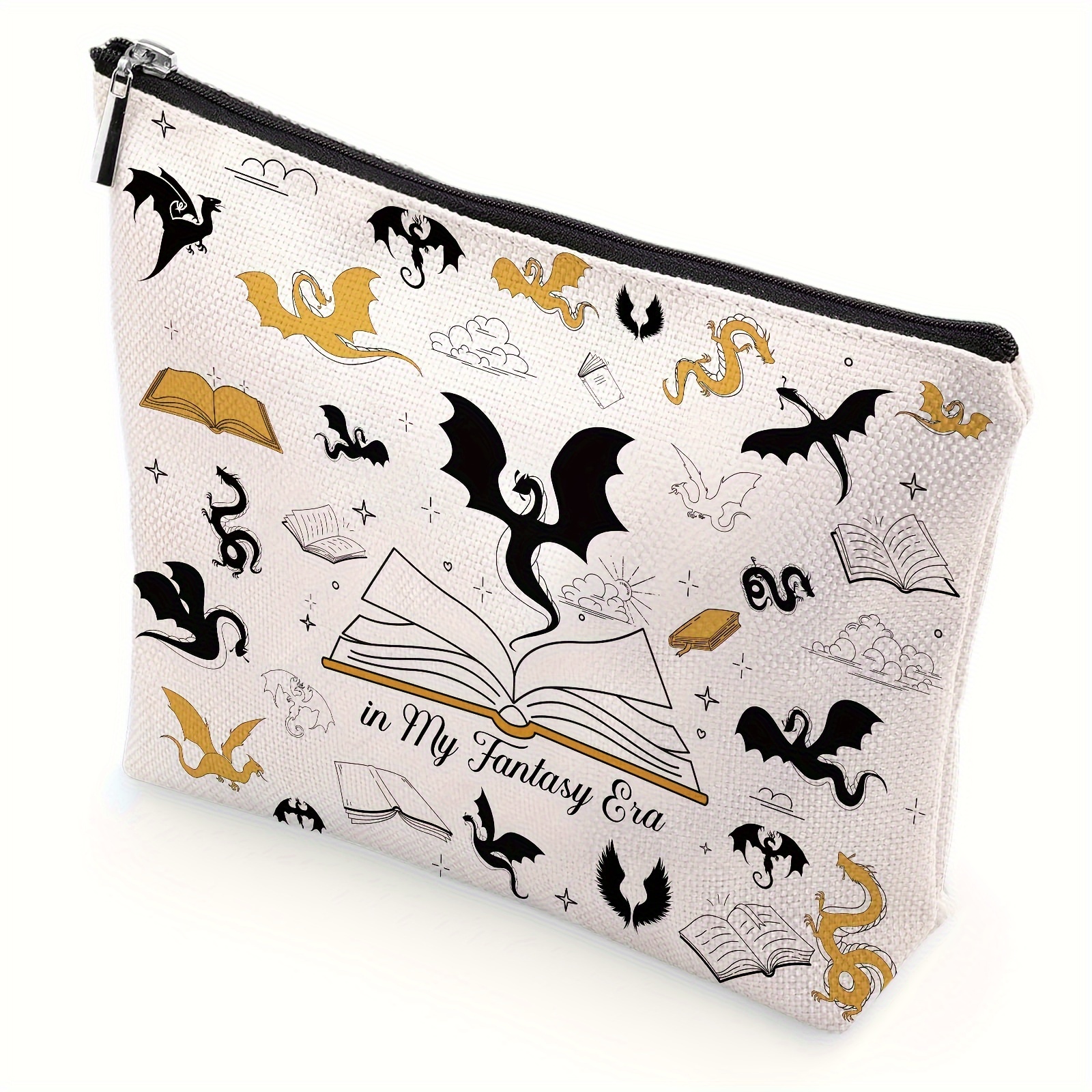 

Linen Dragon Cosmetic Bag - Book Lover Makeup Pouch With Vintage Zipper For Women, Ideal For Reading, Graduation, Beach, Birthday, And Holiday Gifts