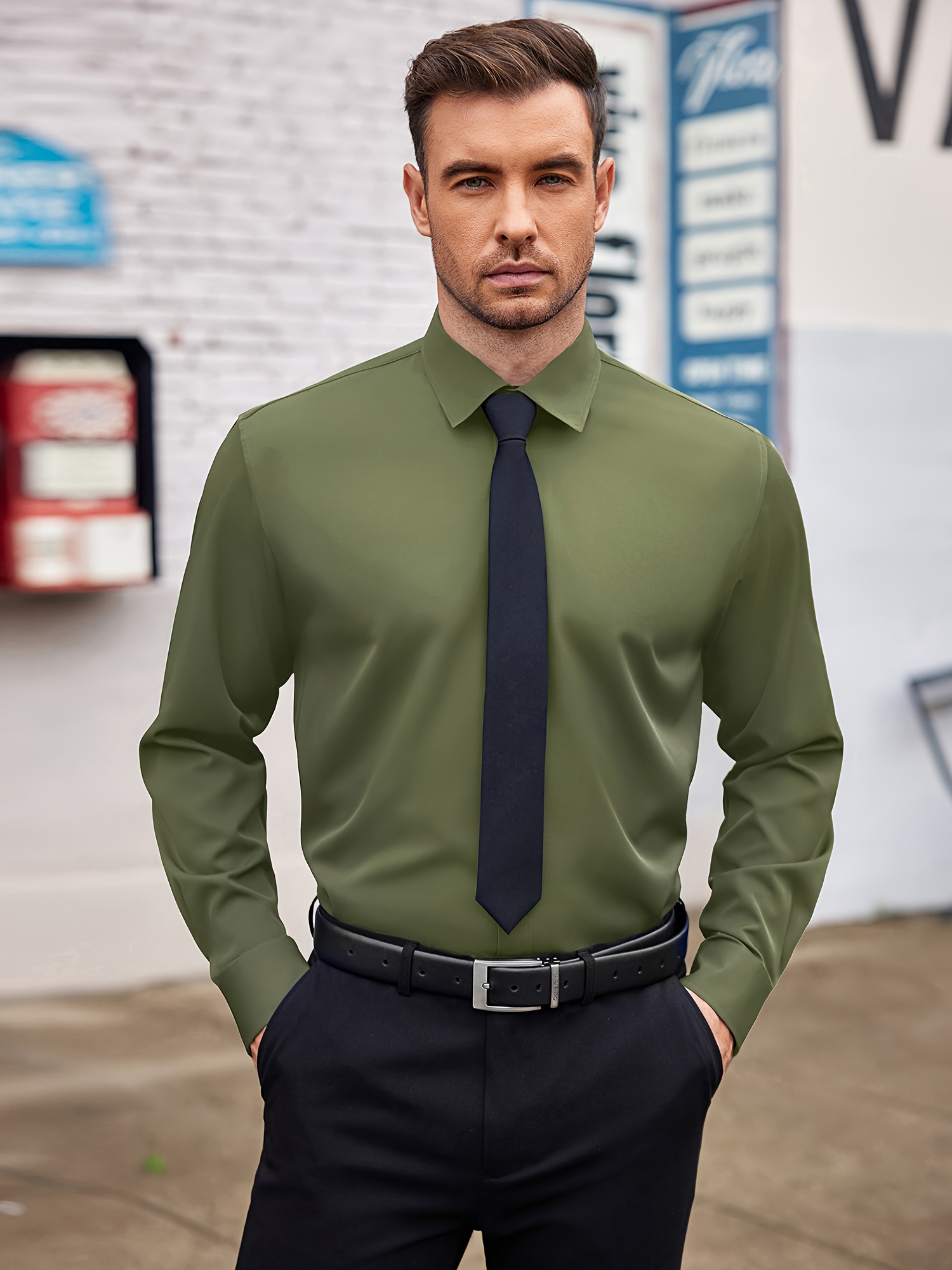 men's -fit cotton dress shirt - solid color business formal long sleeve  shirt with pointed lapel & single-button closure, machine washable for  work, weddings, meetings, wedding dress shirt, solid color suit, cotton
