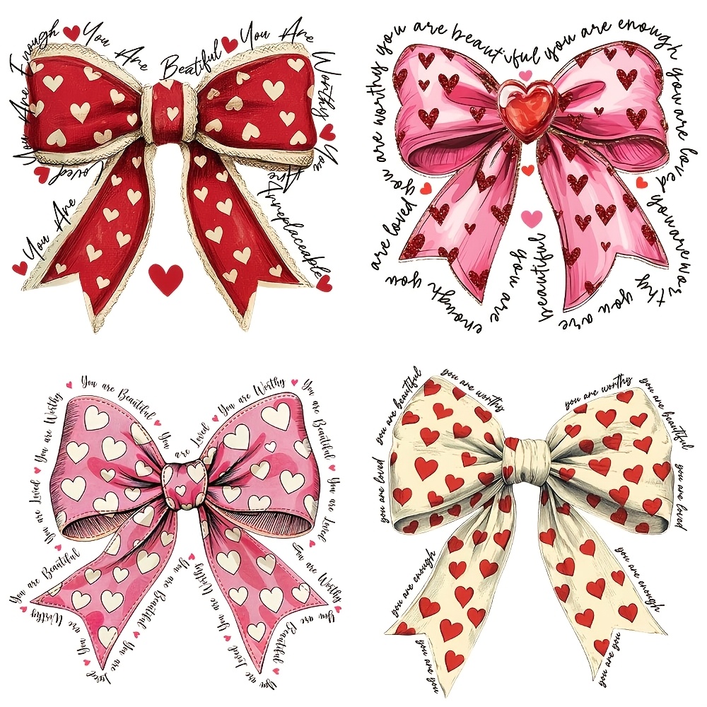 

4-pack Valentine's Day Heart Bow Iron-on Patches, Washable Vinyl Heat Transfer Stickers With For T-shirts, Jeans, Masks, And Backpacks - Mixed Colors