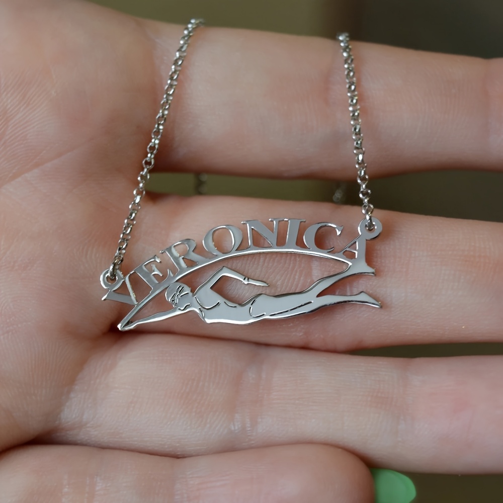 TEMU Custom Swimming Name Necklace, Personalized Freestyle Swimming Plaque Pendant Necklace, Stainless Steel Swimmer Necklace, Gift For Swimming
