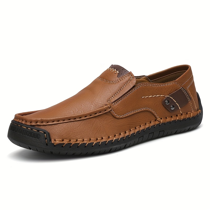 TEMU -border Popular Large-size Men's Hand-sewn Two-layer Cowhide Business Casual Shoes, Breathable, Wear-resistant And Non-slip Slip-on Loafers, Suitable For Outdoor Walking And Driving.