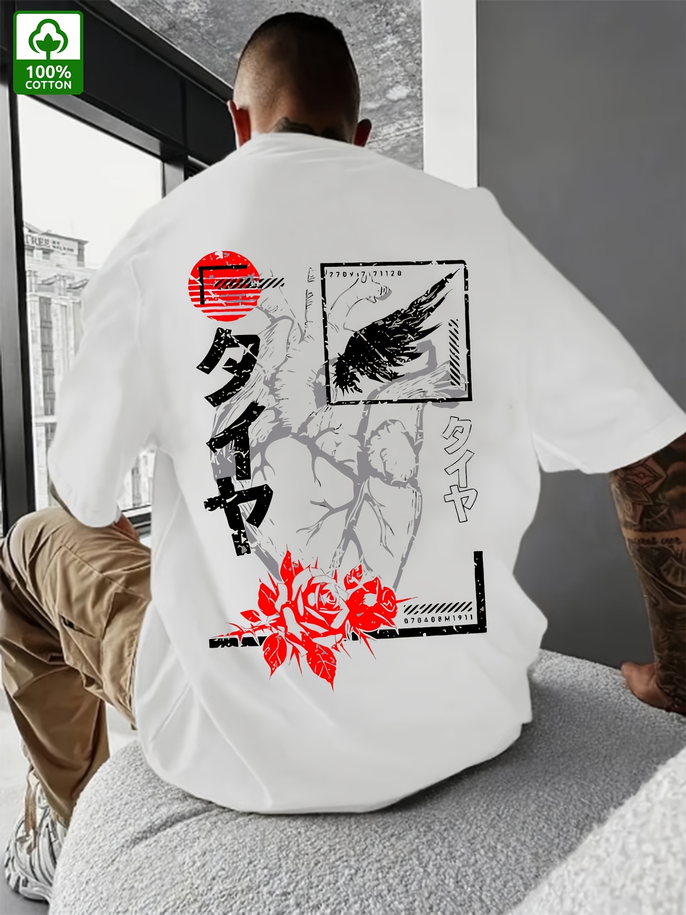 Heartbeat Pattern Men's Summer Pure Cotton T-shirt - Casual Short Sleeved, Lightweight And Breathable, White Red Printed Bird Design, Artistic_voghion.com
