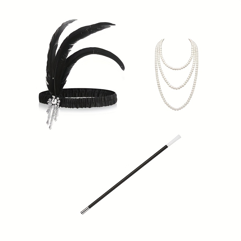 Image of A 1920s Women's Beaded Set Featuring A Feather Headpiece, Flapper Outfit, Beaded Necklace, Long Gloves, And A, Perfect For A Great -themed Carnival Or A Bachelorette Party Costume Accessory Set